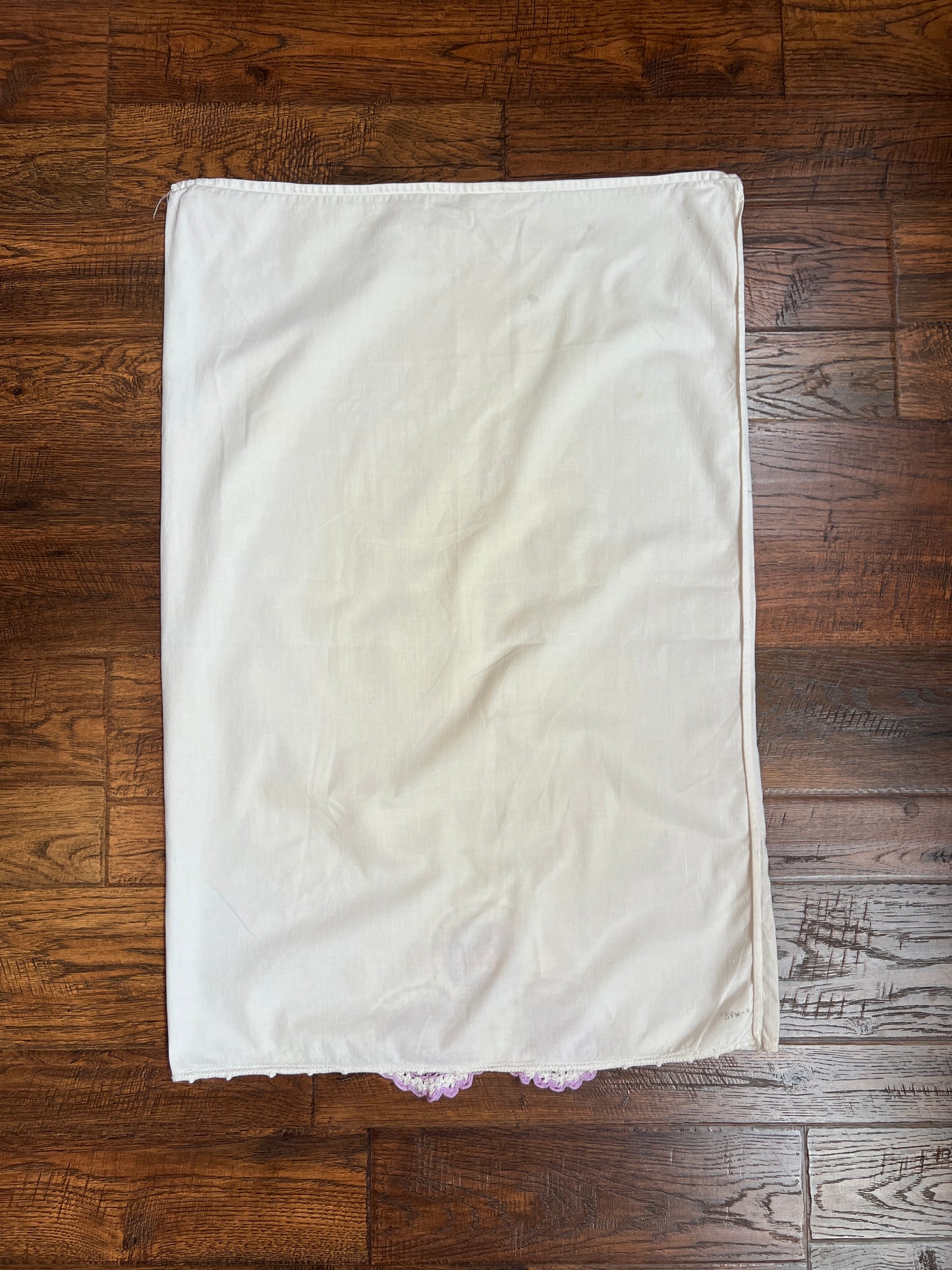 Vintage Linens - Pair of Embroidered Pillowcases - Purple Crochet Doilies