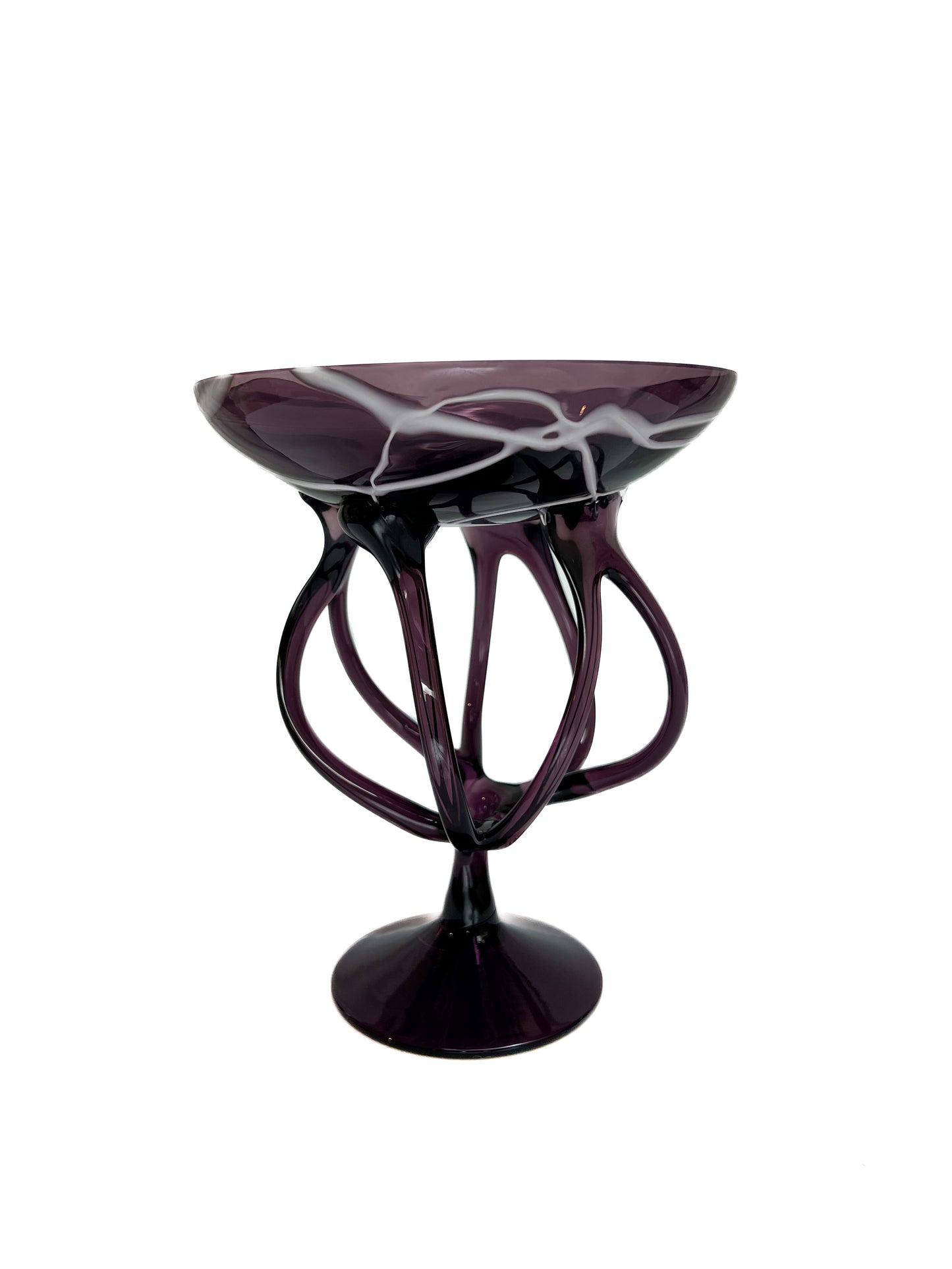 Vintage Art Glass - Jellyfish Pedestal Bowl - Amethyst and White - Makora - Made In Poland