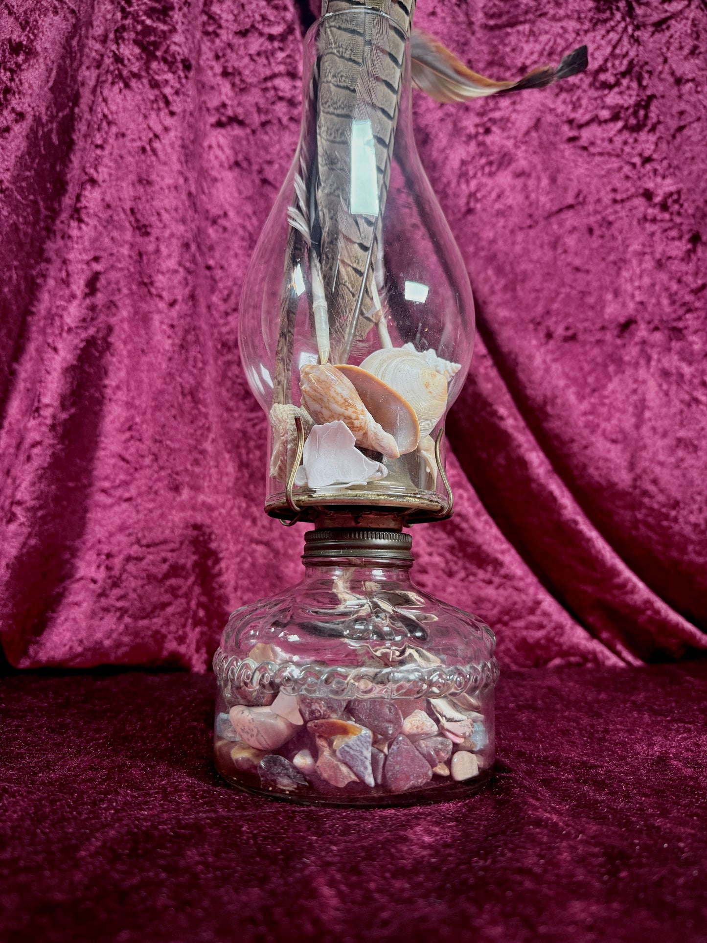 Vintage Glass Oil Lamp – Natural Feather and Shell Curio Display