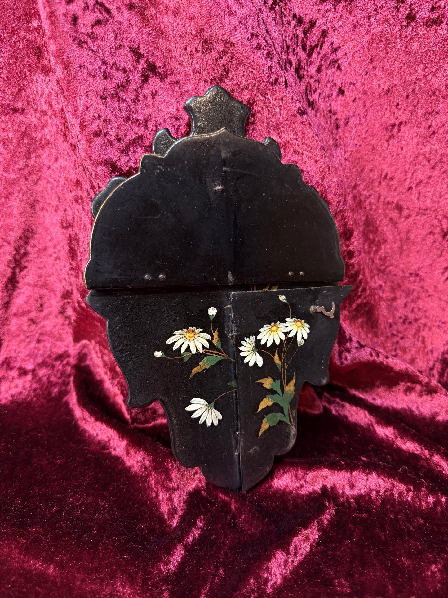 Antique Victorian Papier-Mache Collapsible Wall Shelf – Hand Painted Daisies and Dragonfly on Black Lacquer