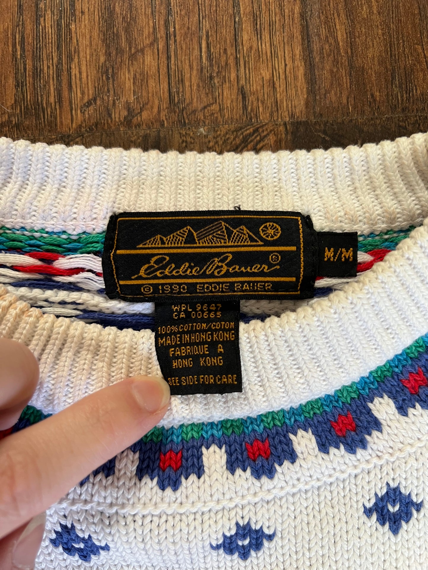 Vintage Clothing - Crewneck Knit Sweater - Pink Floral Banner - Medium - Eddie Bauer