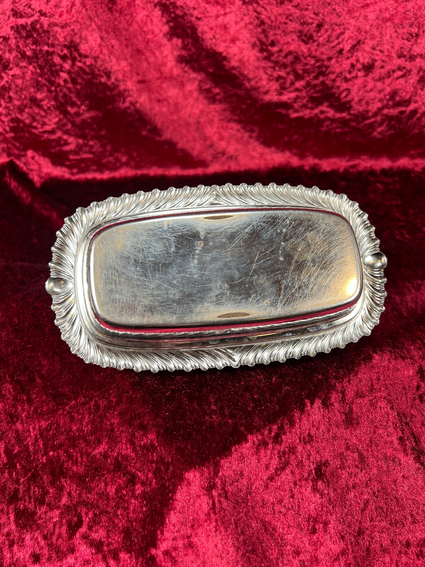 Vintage Kitchen - Covered Butter Dish - Silver Metal with Glass Insert - Ornate Edging