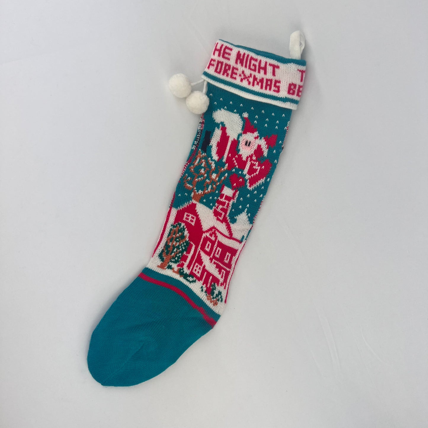 Vintage Christmas Decor - Knit Stocking - The Night Before Christmas - Teal