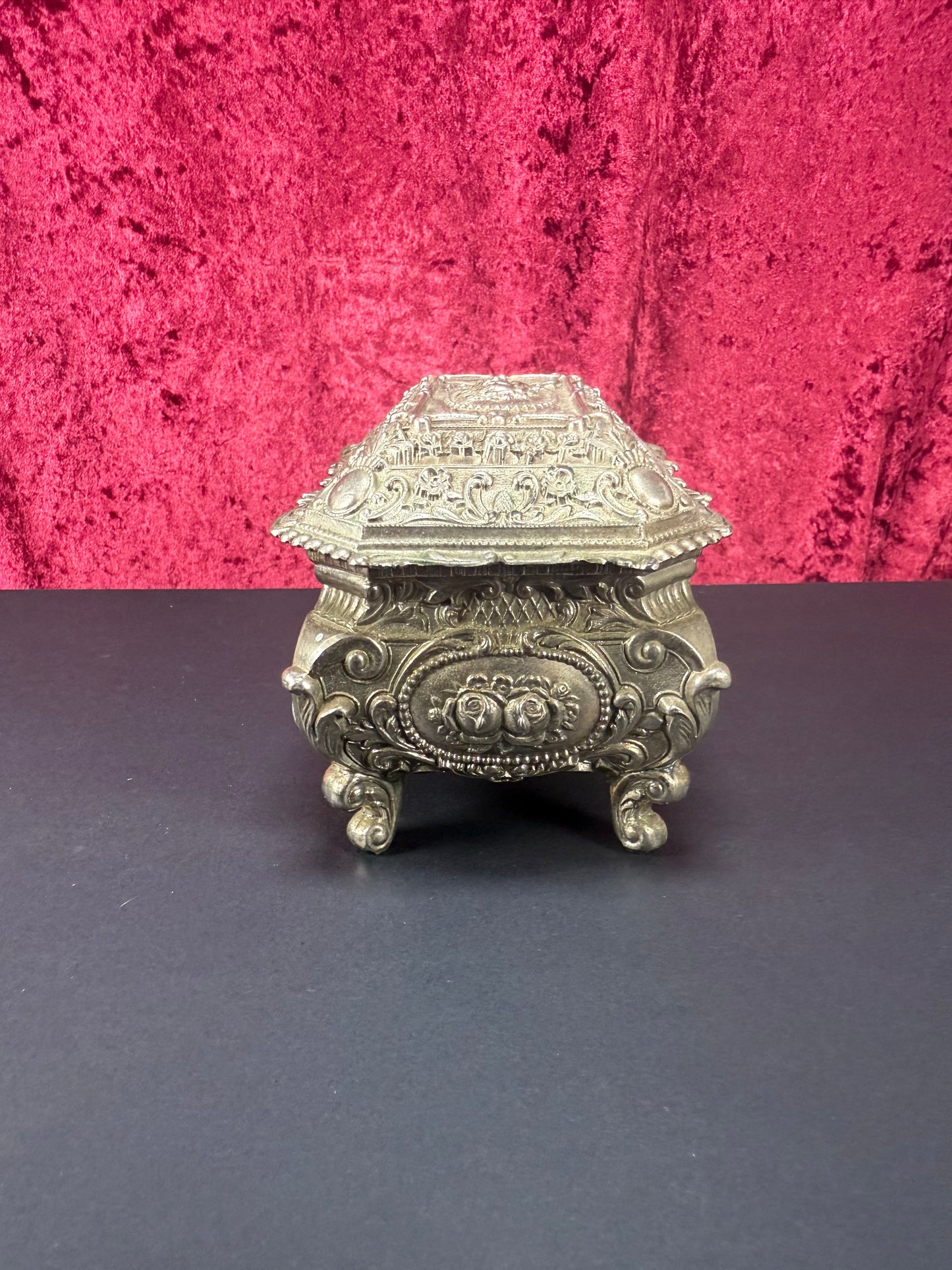 Vintage Vanity - Jewelry Box - Ornate Silver Floral Filigree - Red Velvet Lining - Footed