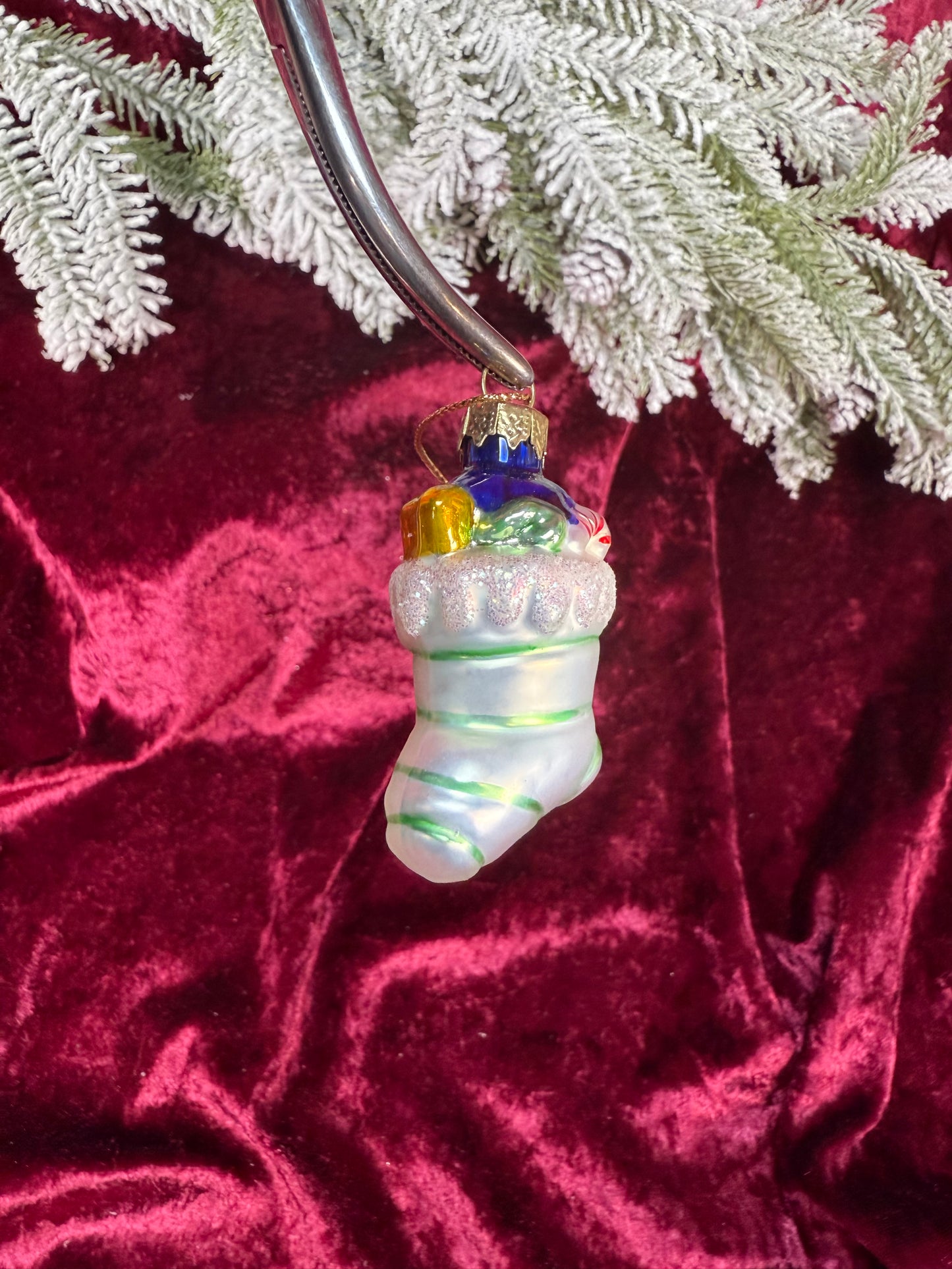 Vintage Christmas - Handblown Glass Ornament - Stuffed Striped Stocking