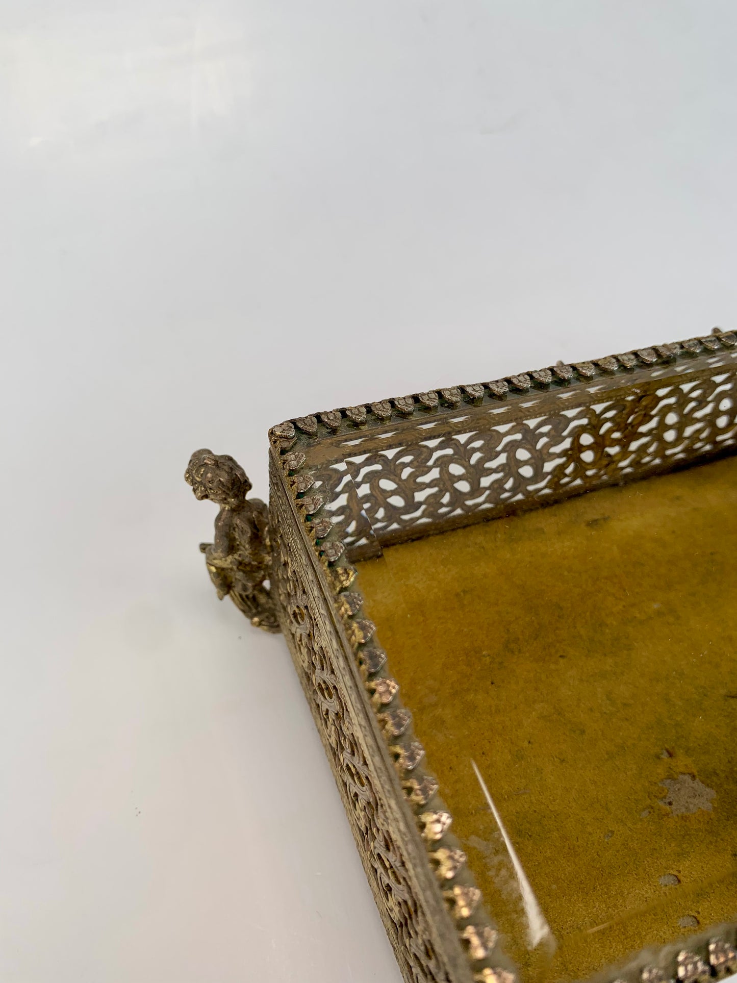 Vintage Jewelry Casket - Ormolu Felt Lined Box with Beveled Glass - Cherub Feet