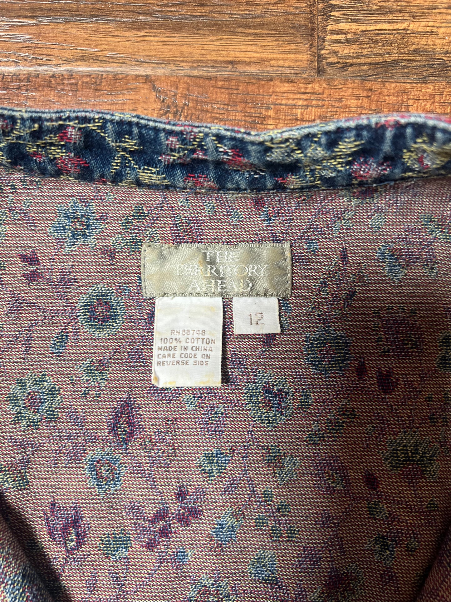 Vintage Clothing - Jacket - Blue Floral Denim Button Up Jacquard Long Shirt Dress - The Territory Ahead - Size 12