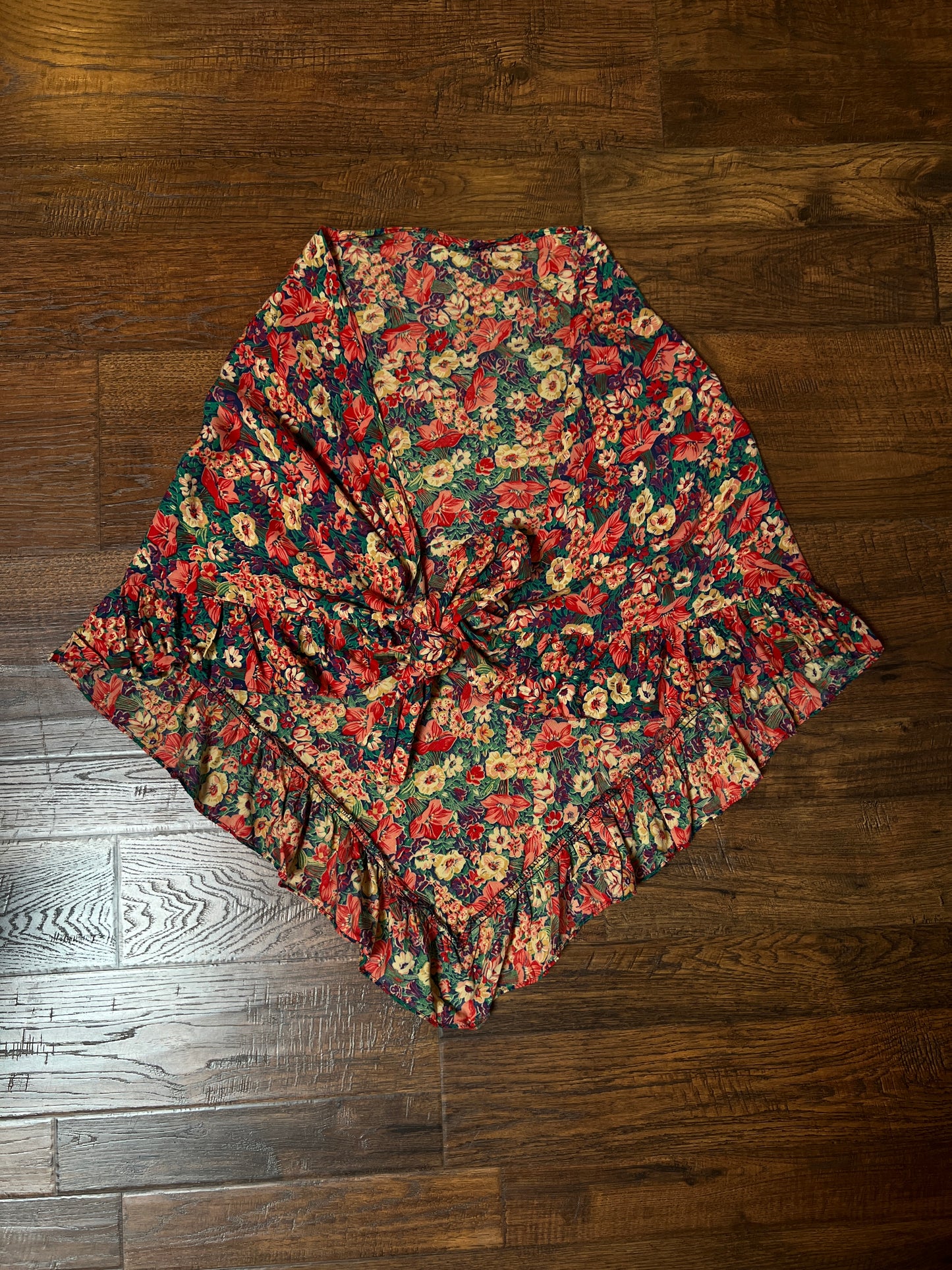 Vintage Cotton Shawl - Autumn Floral Print Ruffle Trim Handmade Wrap