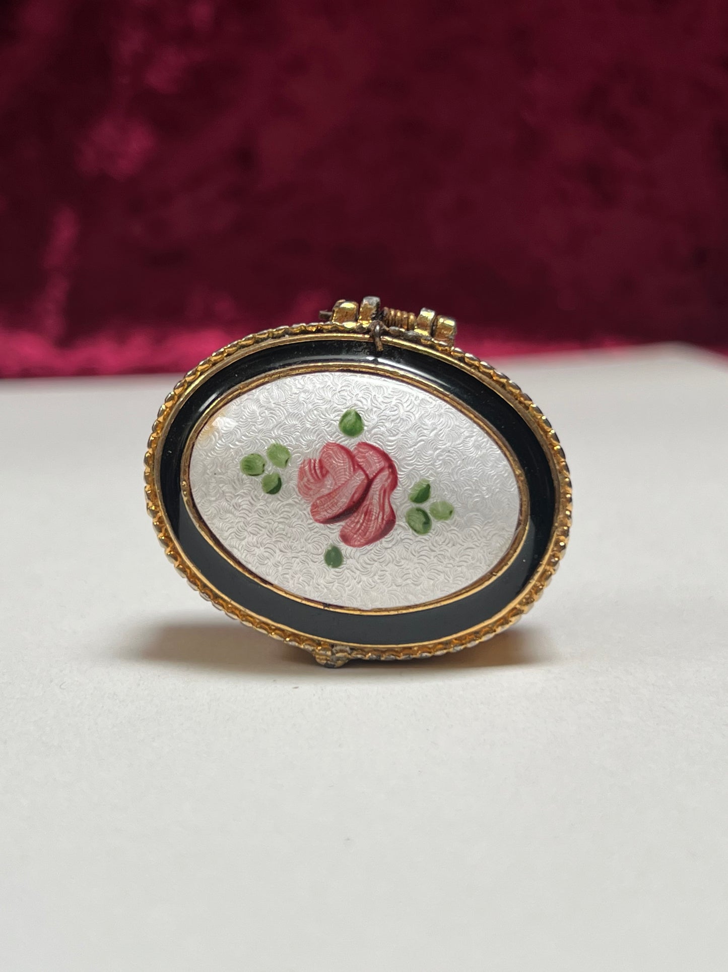 Vintage Trinket Box - Oval Pill / Snuff Box - Enamel Rose Bud - Gold Basket Weave Design