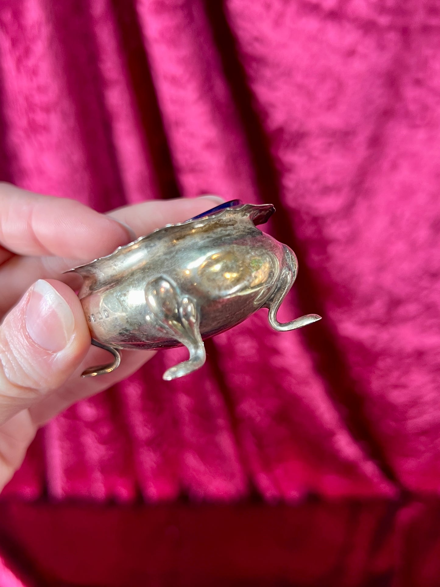 Vintage Kitchen - Footed Salt Cellar with Cobalt Blue Glass Insert - Sterling Silver - Dented