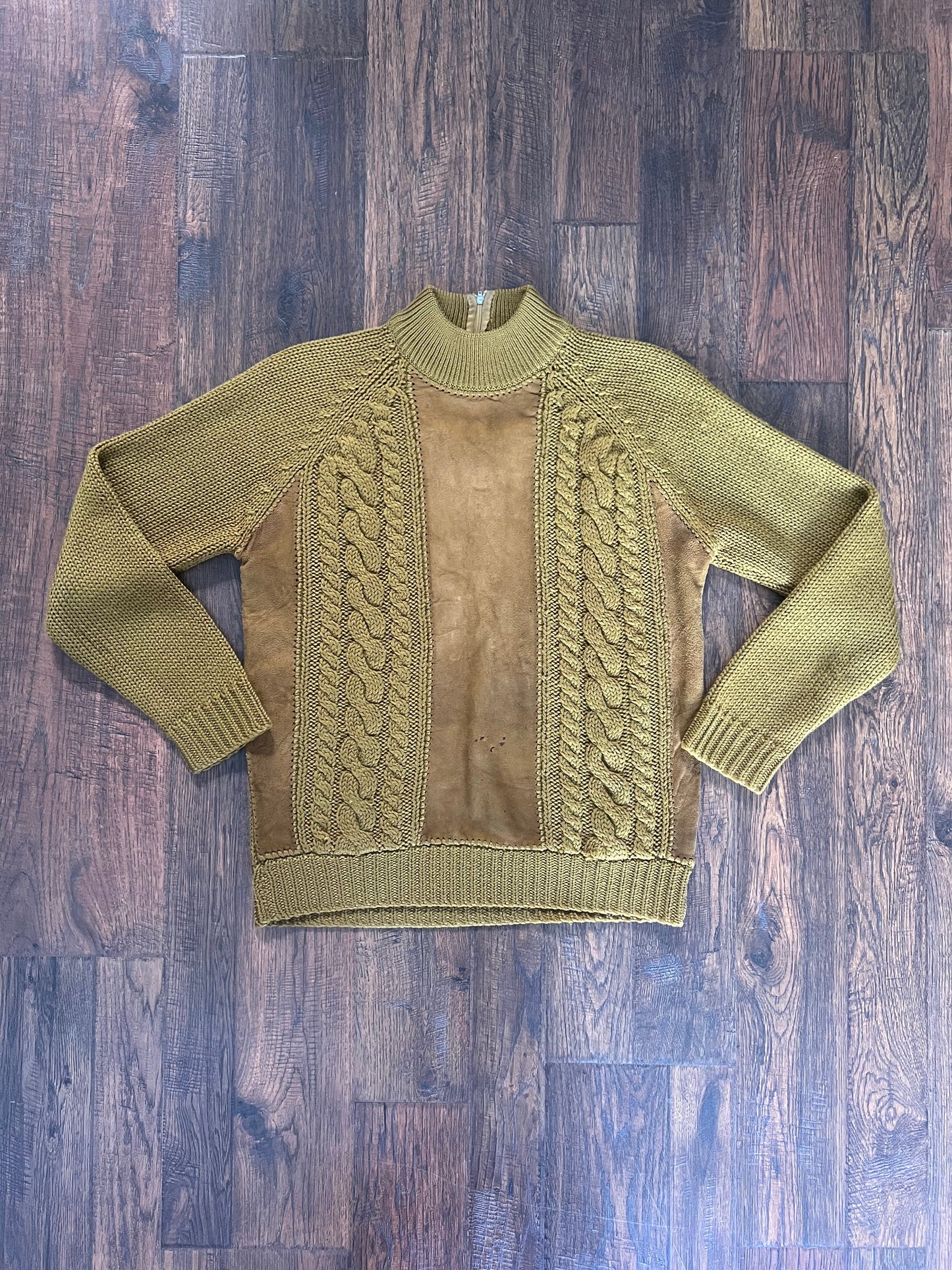 Vintage Clothing - Cable Knit Sweater - Mock Turtleneck - Suede Detail - Pea Soup Green - Small