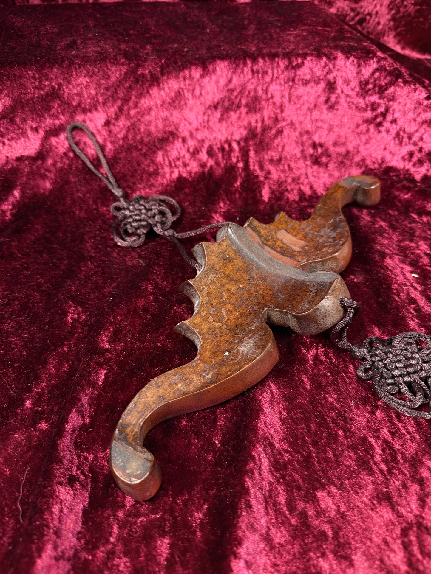 Vintage Wood Wall Hanging – Asian Carved Bat Sculpture with Knotted Tassel