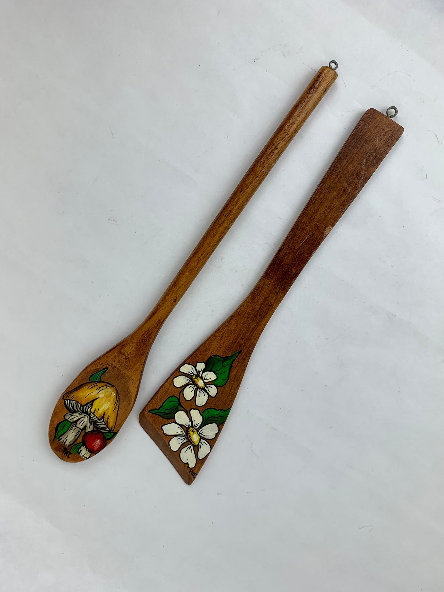 Vintage Wood Spatula & Spoon Wall Art - Handpainted Mushrooms / Strawberry Blooms