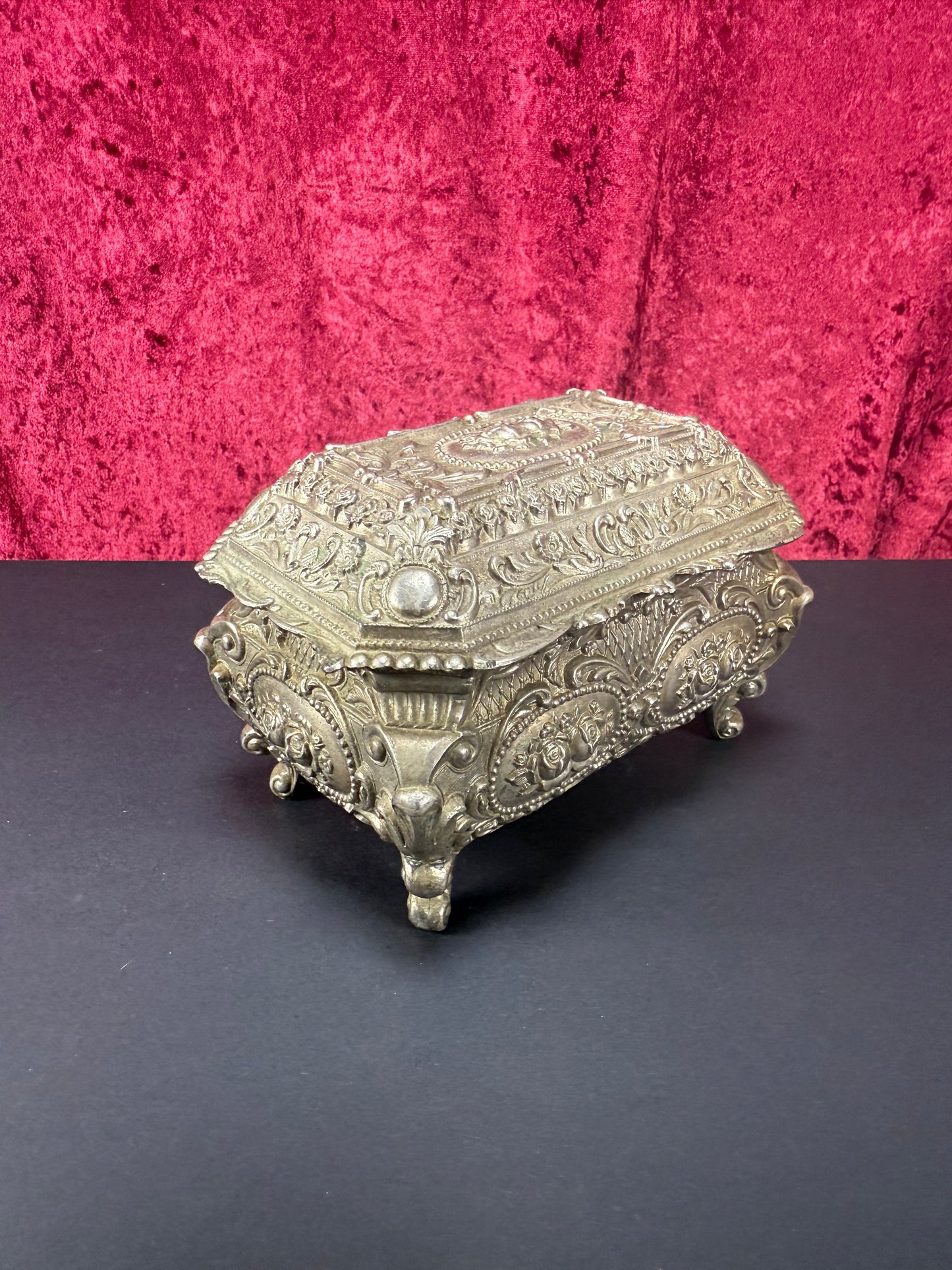 Vintage Vanity - Jewelry Box - Ornate Silver Floral Filigree - Red Velvet Lining - Footed