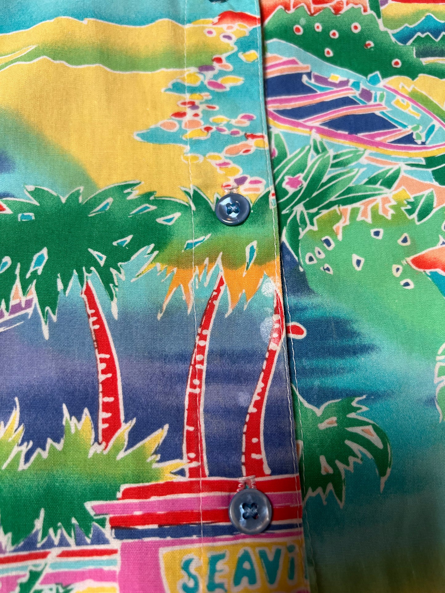 Vintage Clothing - Short Sleeve Hawaiian Shirt - Colorful Sea View Cafe Novelty Print - All Hours - 2X-Large