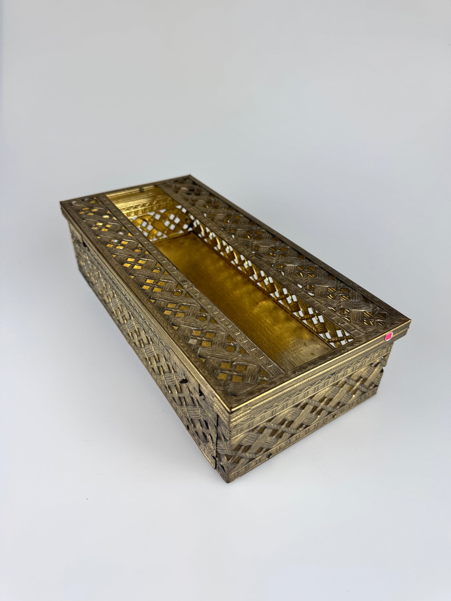 Vintage Brass Decor - Rectangular Tissue Box - Basket Weave - Velvet Bottom