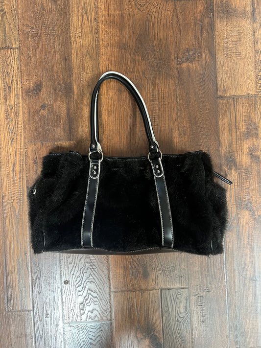 Purse - Y2K Style Mini Duffle Shoulder Bag - Cinch Top - Black Faux Fur