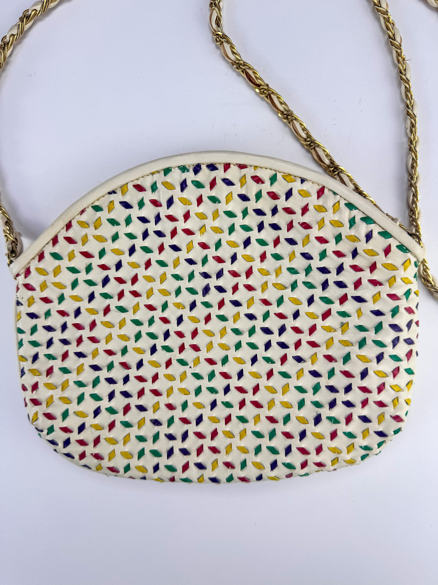 Vintage Crossbody Purse by Saddle River | White Leather w/ Colorful Details