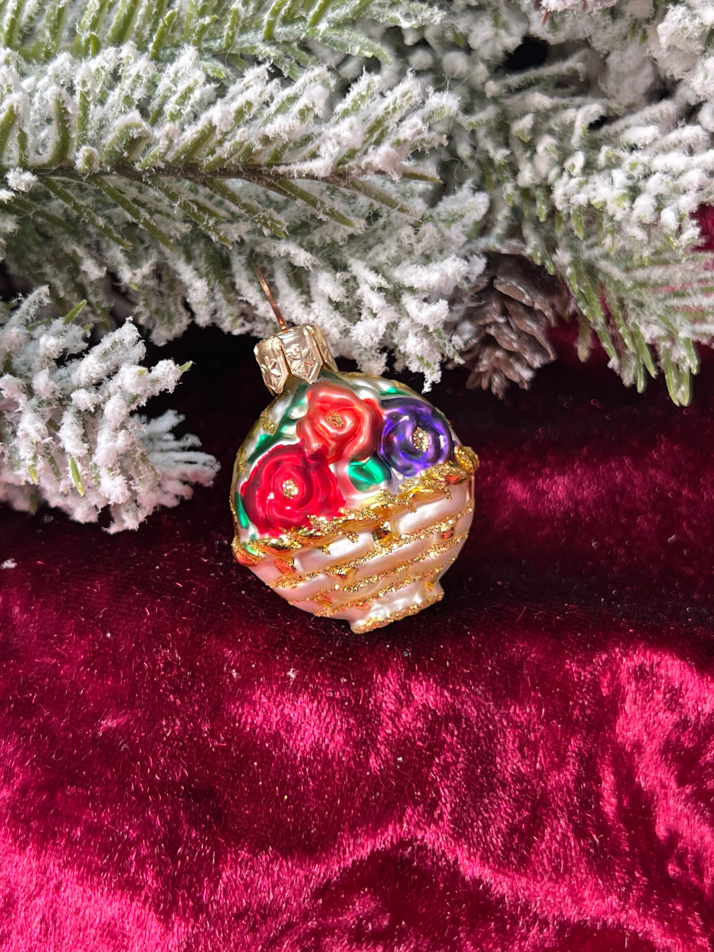 Vintage Christmas - Handblown Glass Ornament - Basket Of Flowers