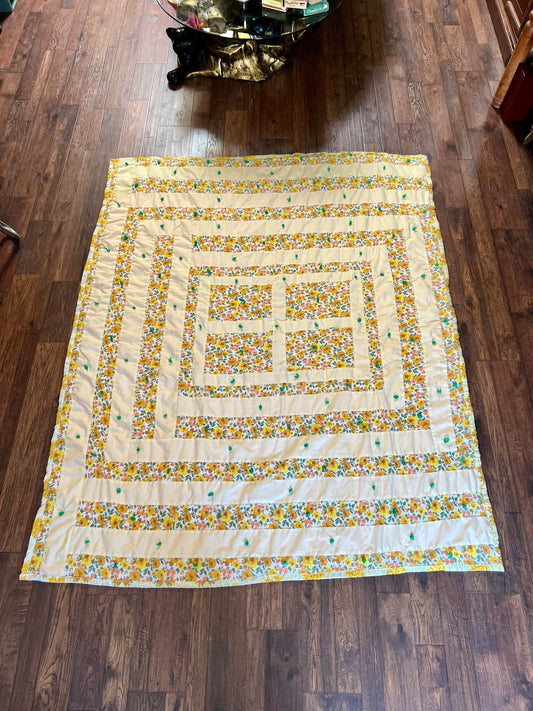 Vintage Linens - Handmade Quilt - Buttercream Yellow - Groovy Floral Patchwork - Double Sided - 81” X 67.5”