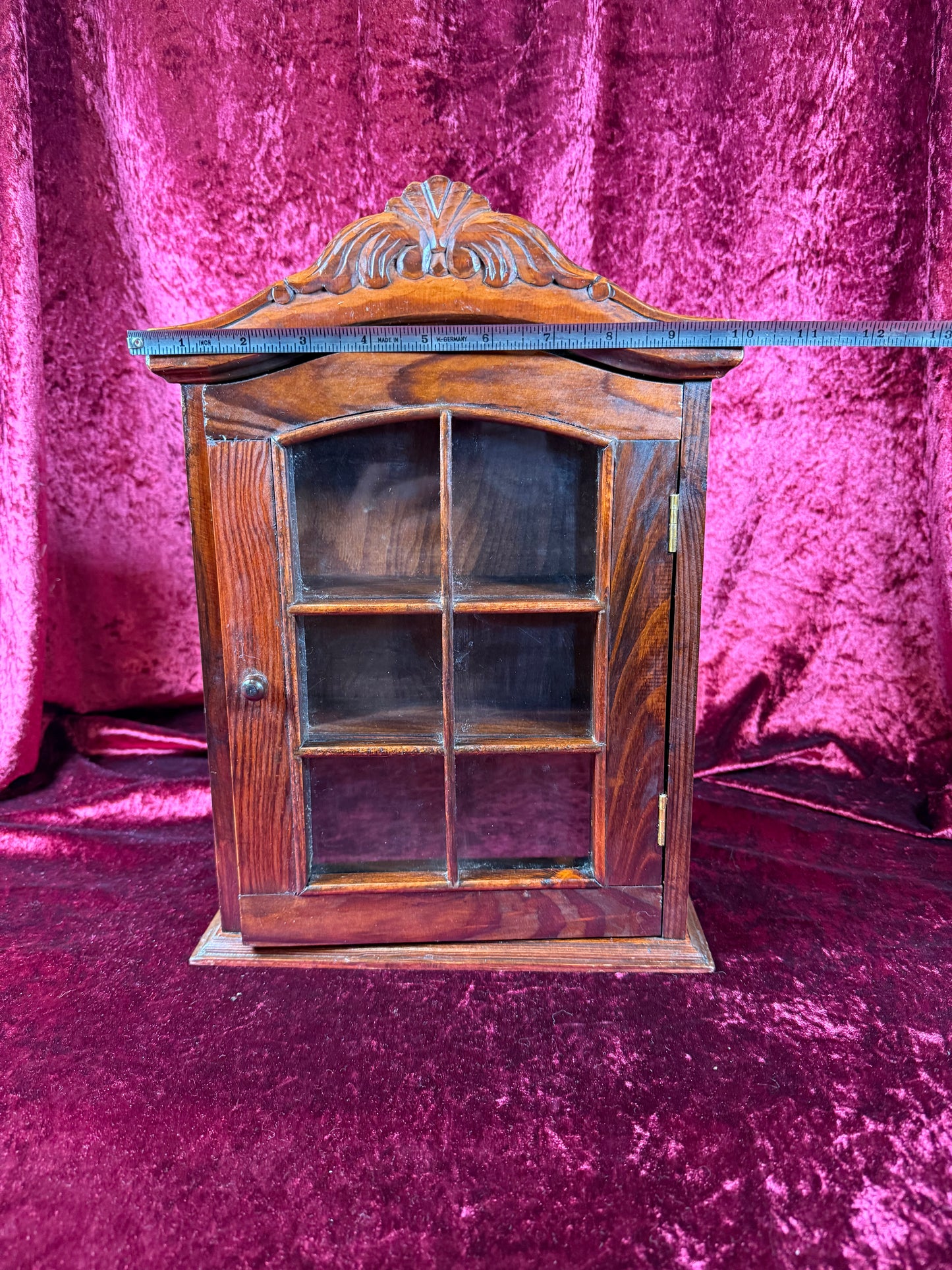 Vintage Curio Cabinet - Ornate Wood Wall Mounted Trinket Shelf - 13" Tall