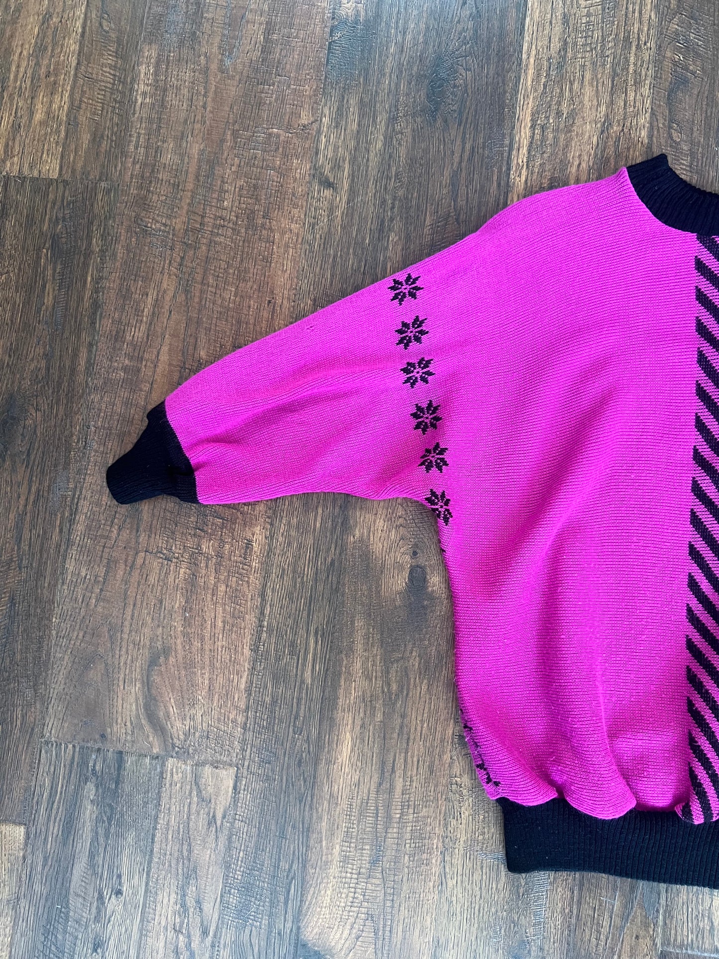 Vintage Clothing - 1980s Sweater - Hot Pink and Black - R Knit - Medium - Made In England