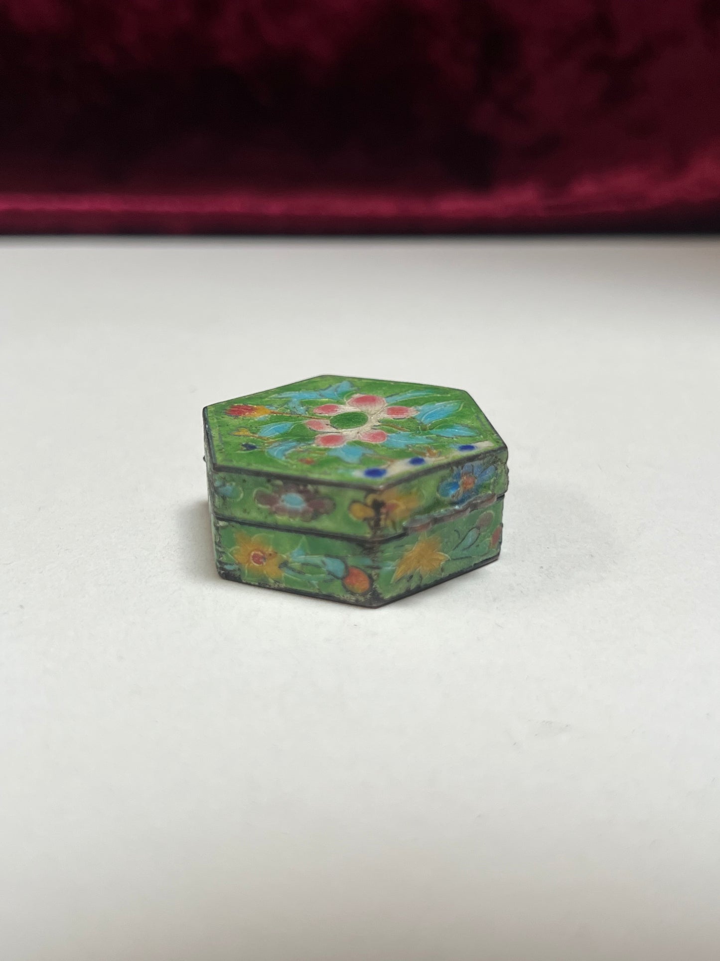 Vintage Trinket Box - Copper Cloisonne Enamel Pill Box - Bright Green Floral Design - Made in China