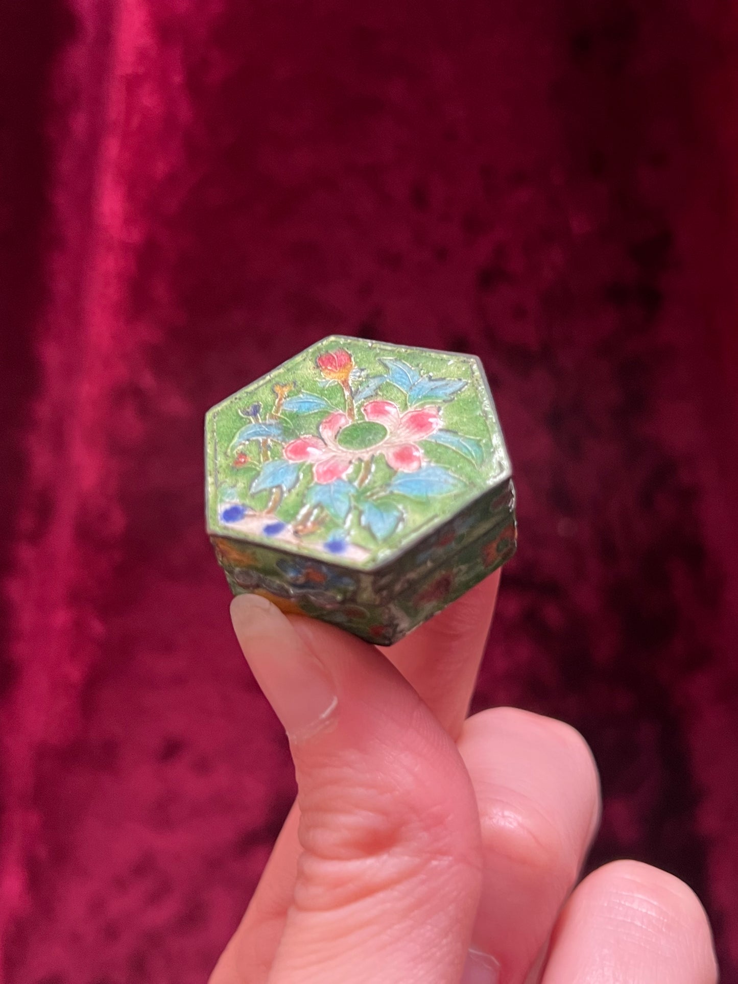 Vintage Trinket Box - Copper Cloisonne Enamel Pill Box - Bright Green Floral Design - Made in China