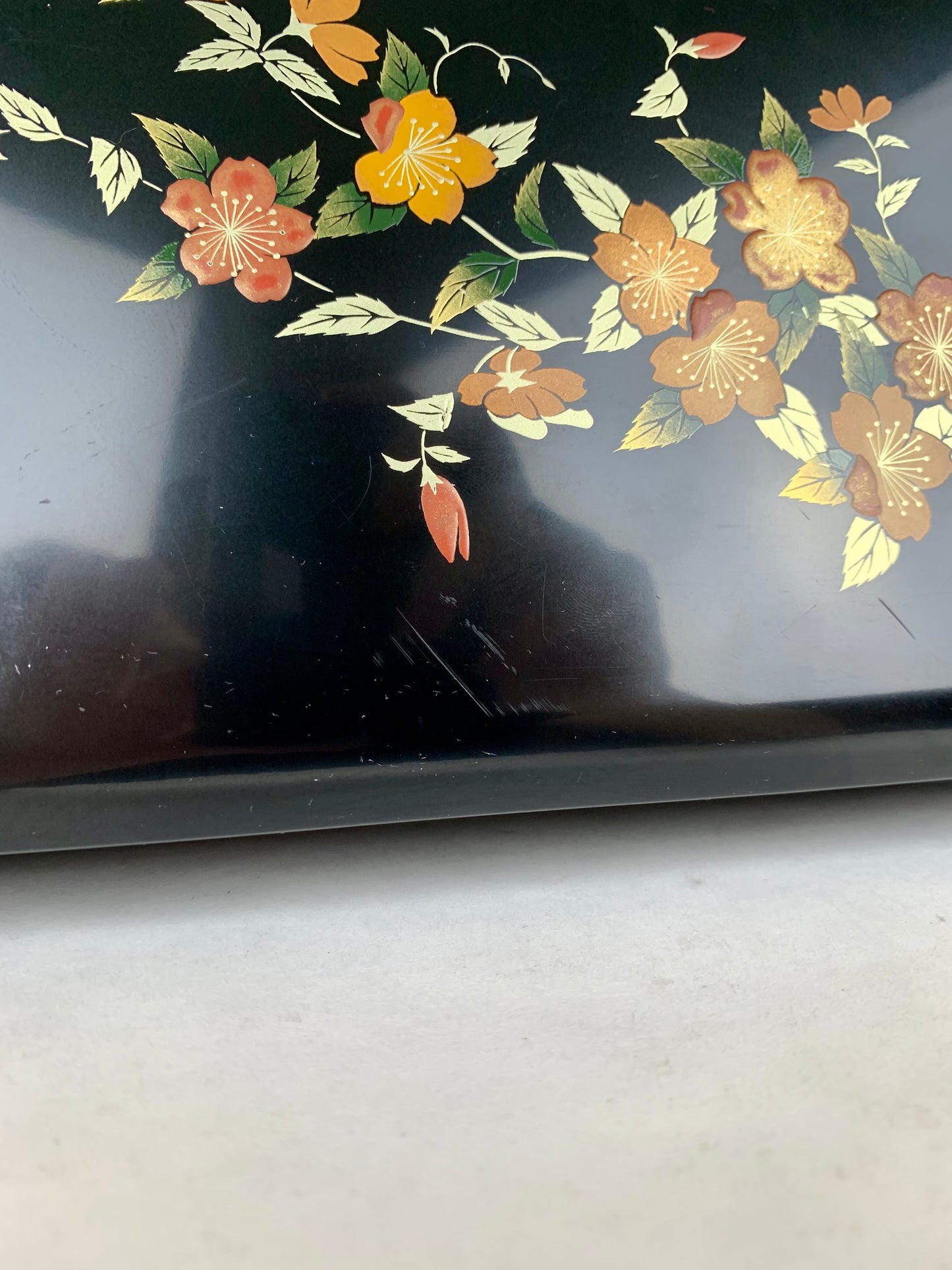 Vintage Black Lacquerware Trinket Box - Orange Floral Branch