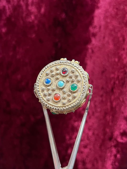 Vintage Trinket Box - Brass Pill Box - Round - Multicolor Gem Stones