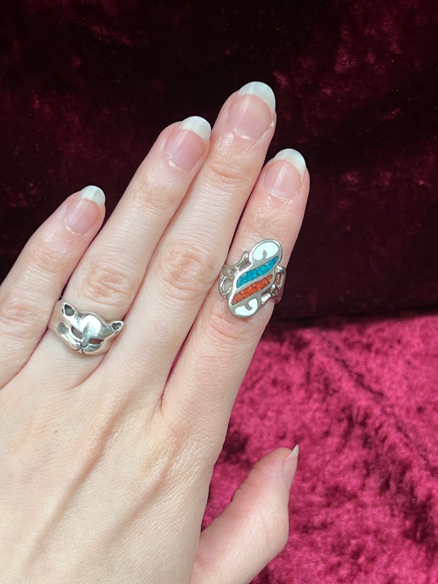 Vintage Jewelry - Ring - Sterling Silver - Turquoise and Coral Chip Inlay - 5