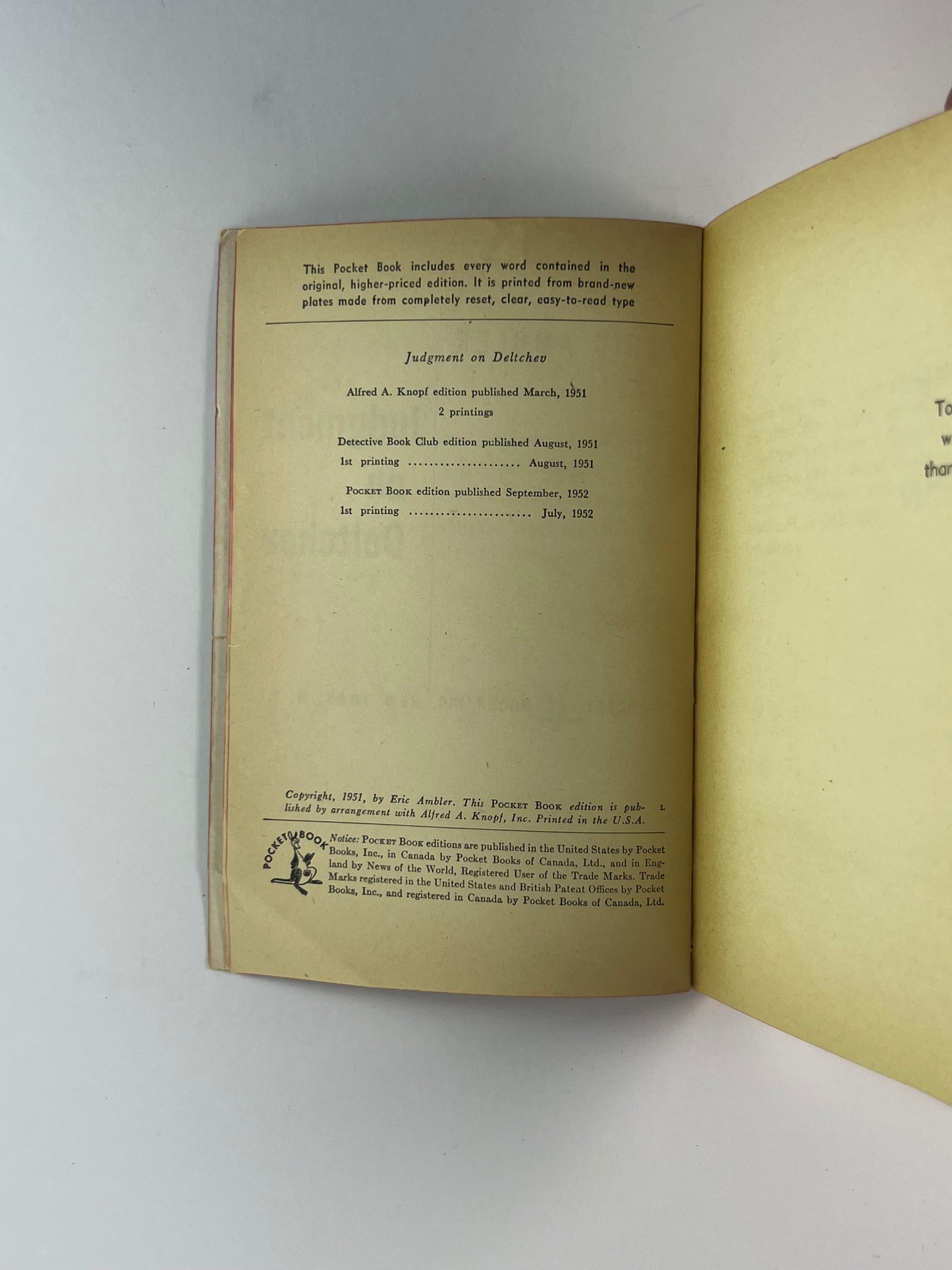 Vintage Paperback - Judgement on Deltchev - Eric Ambler - 1952 - Pulp Fiction