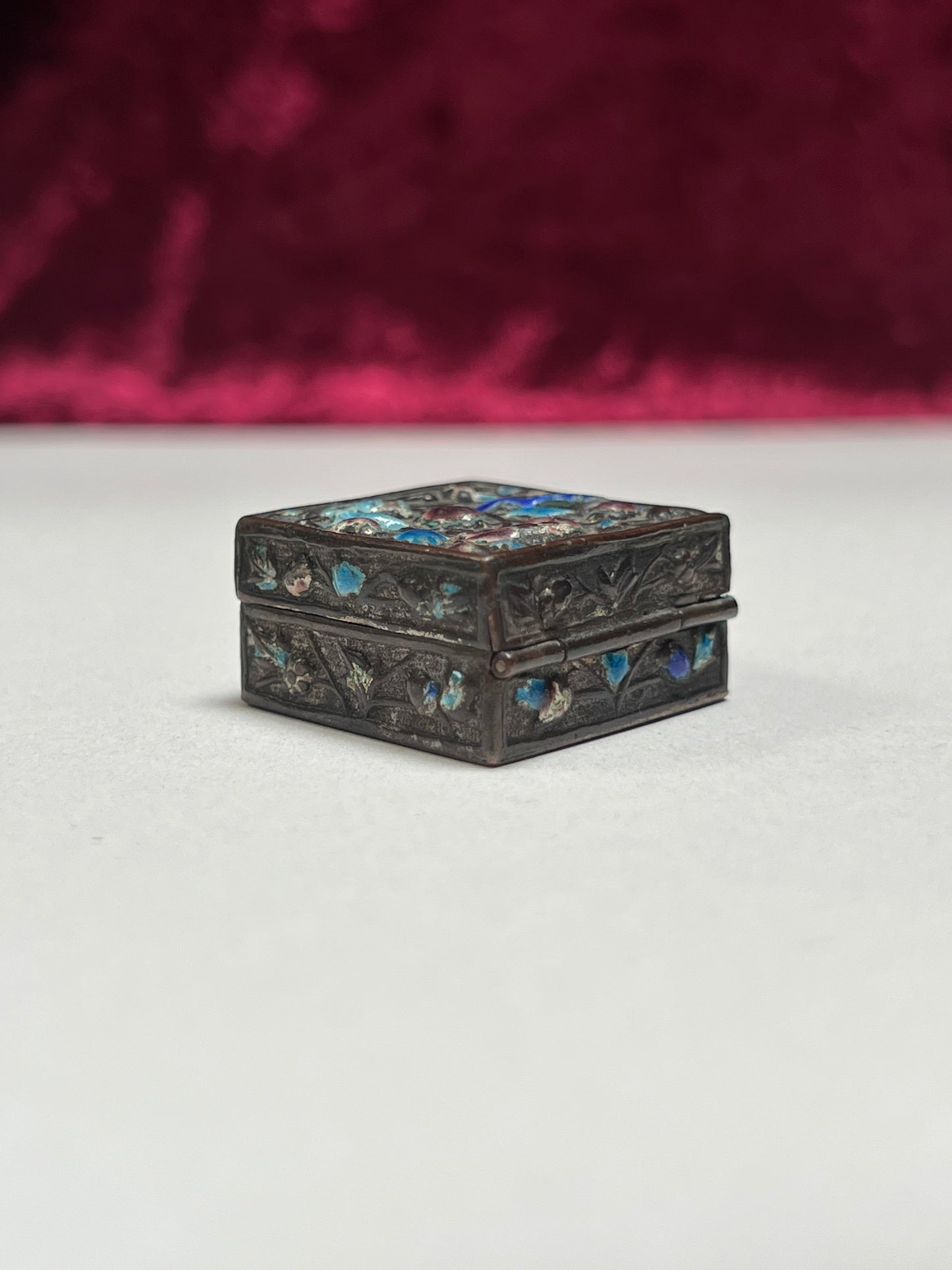 Vintage Trinket Box - Copper Cloisonne Enamel Pill Box - Animal & Floral Design - Made in China
