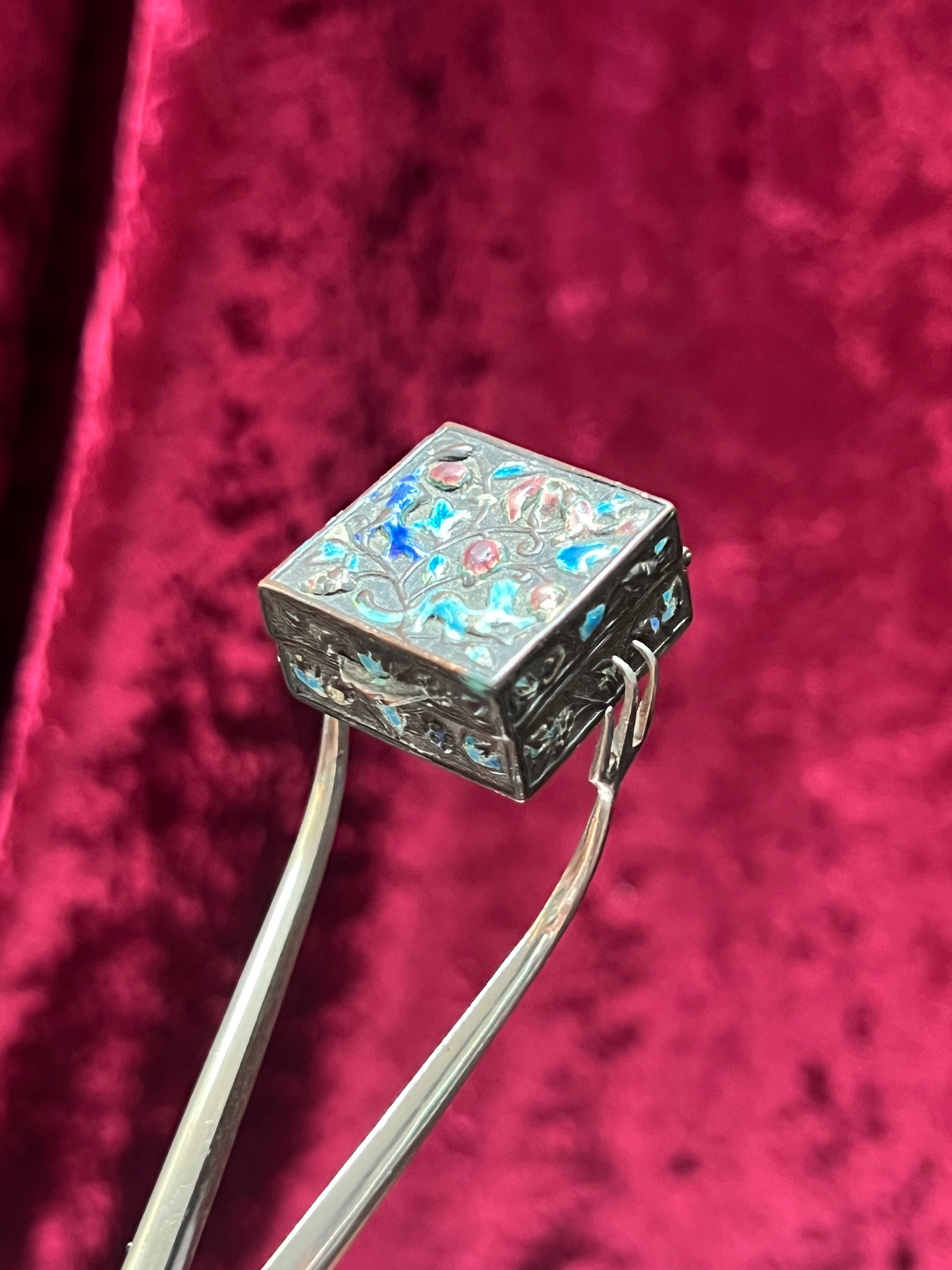 Vintage Trinket Box - Copper Cloisonne Enamel Pill Box - Animal & Floral Design - Made in China