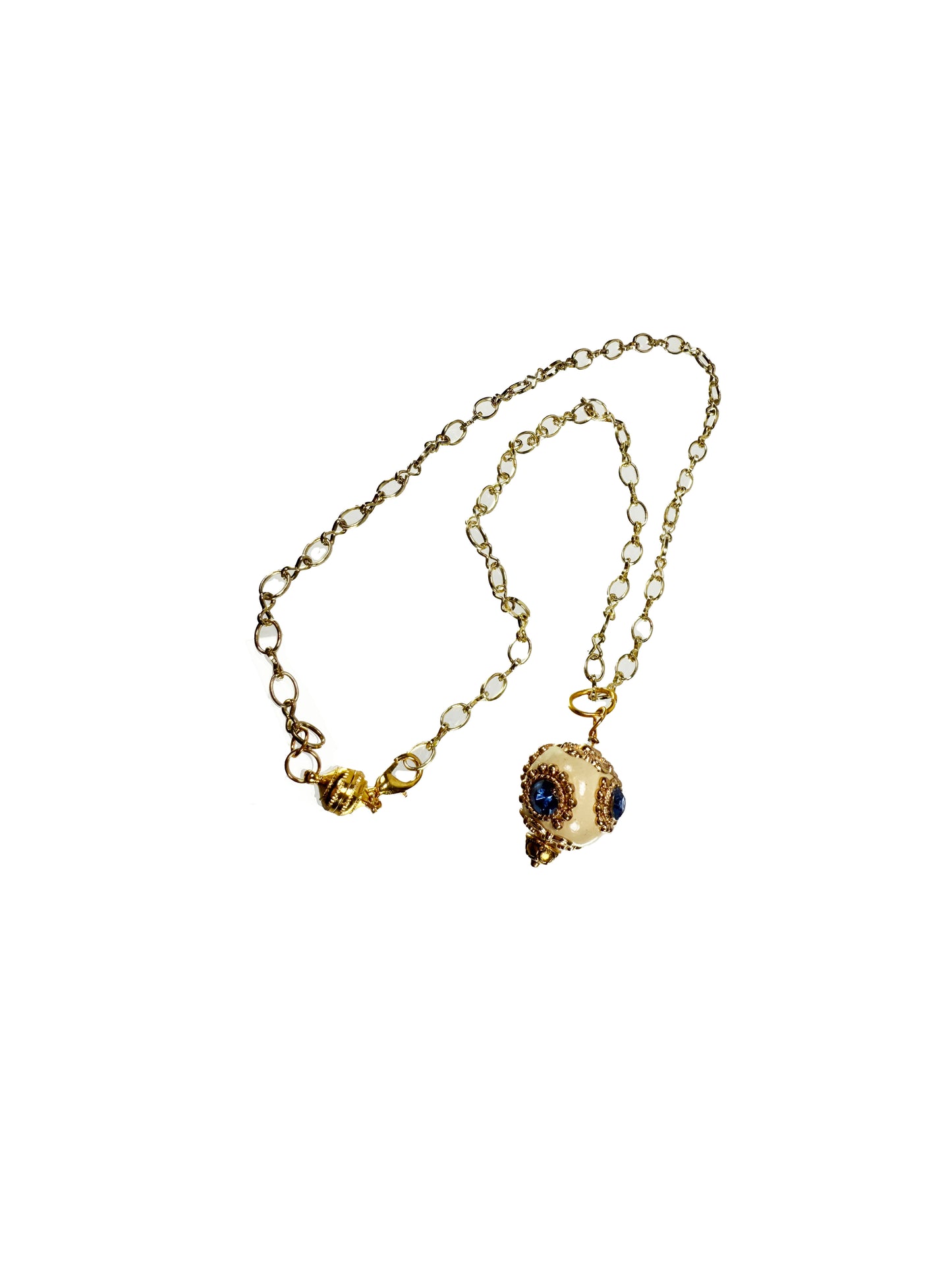 Vintage Necklace - Enamel and Rhinestone Bead on Gold Tone Chain - Magnetic Closure