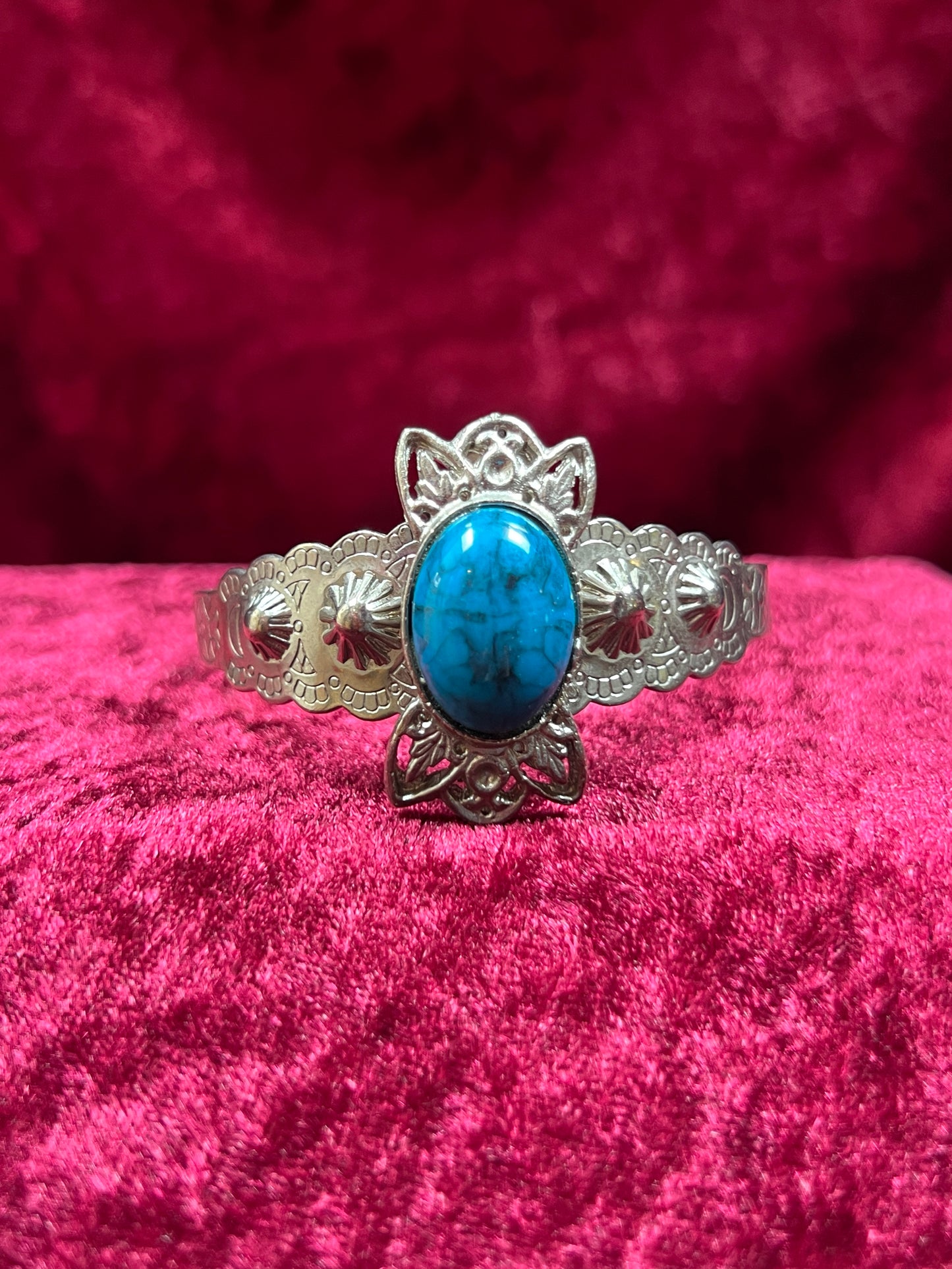 Vintage Jewelry - Cuff Bracelet - Engraved Silver Tone Metal - Faux Turquoise Center