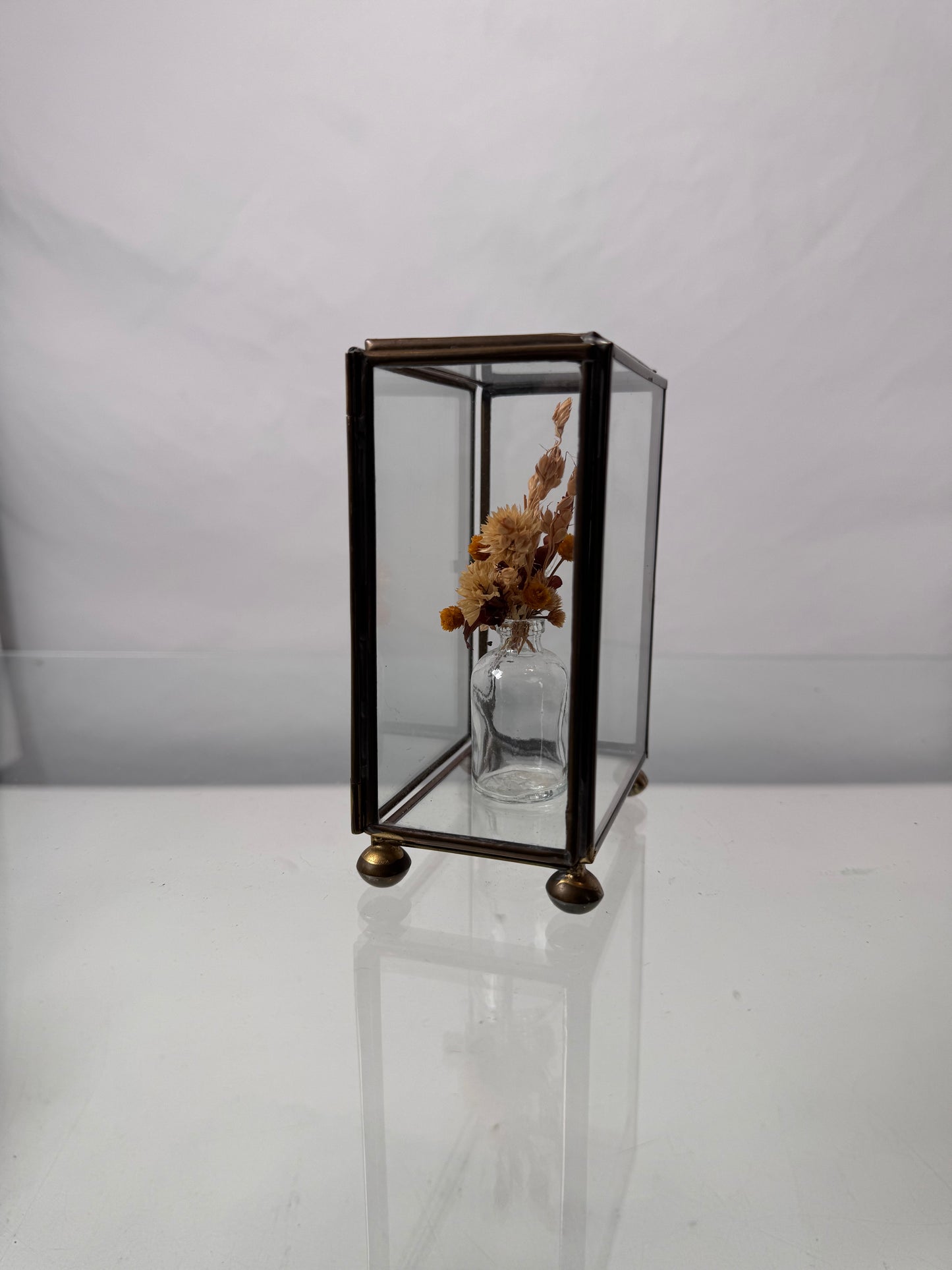 Vintage Curio - Brass and Glass Display with Hinged Door and Dried Bouquet - 5" Tall