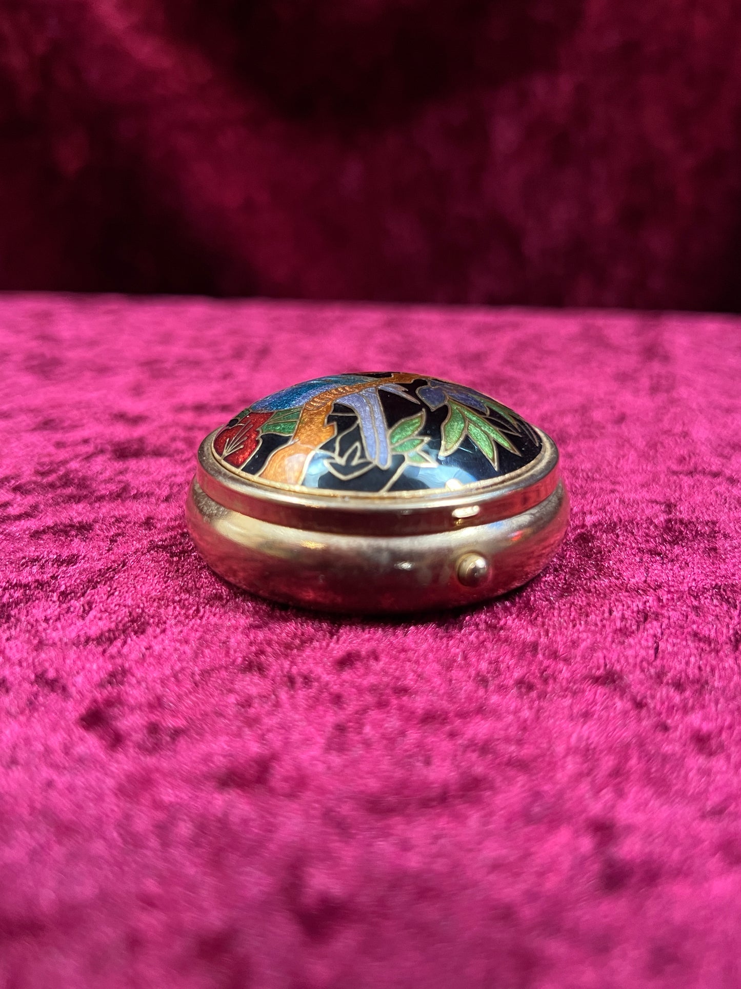 Vintage Vanity - 3-Compartment Pill Box - Cloisonné Lid - Blue Bird In a Flowering Tree