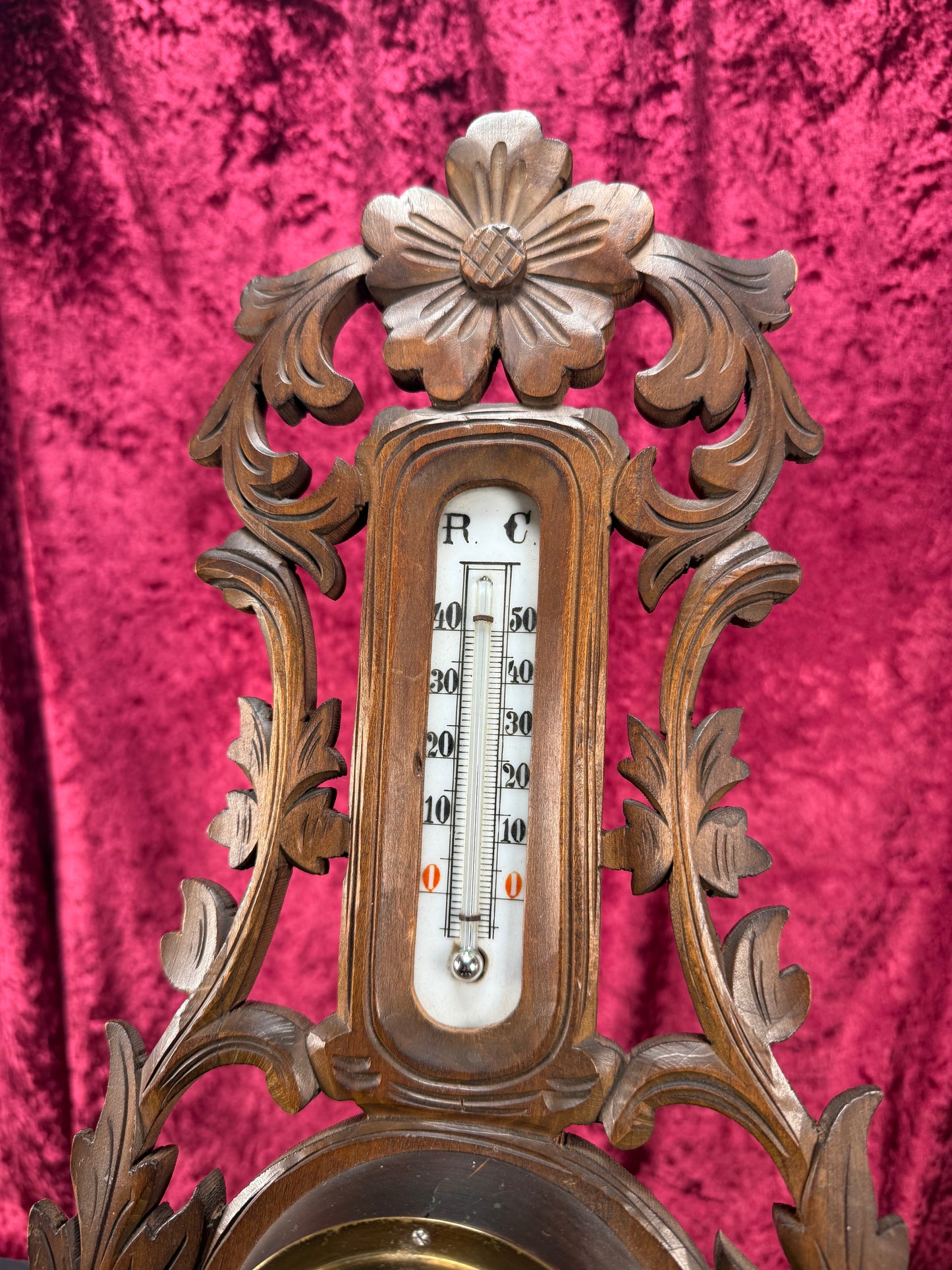Antique Wall Decor - Hand Carved Dark Wood Thermometer - Black Forest Style - Denmark