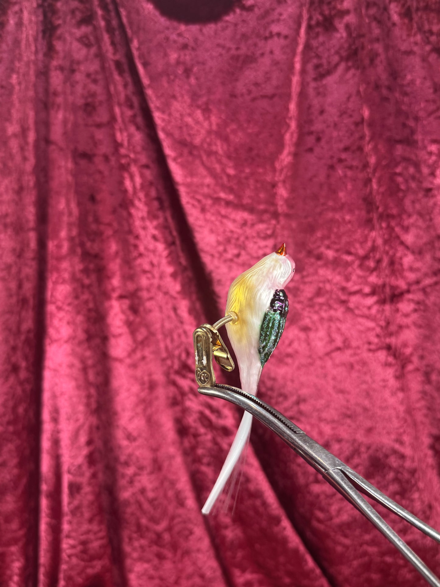 Vintage Christmas - Handblown Glass Clip On Ornament - Pink and Green Bird with Nylon Hair Tail