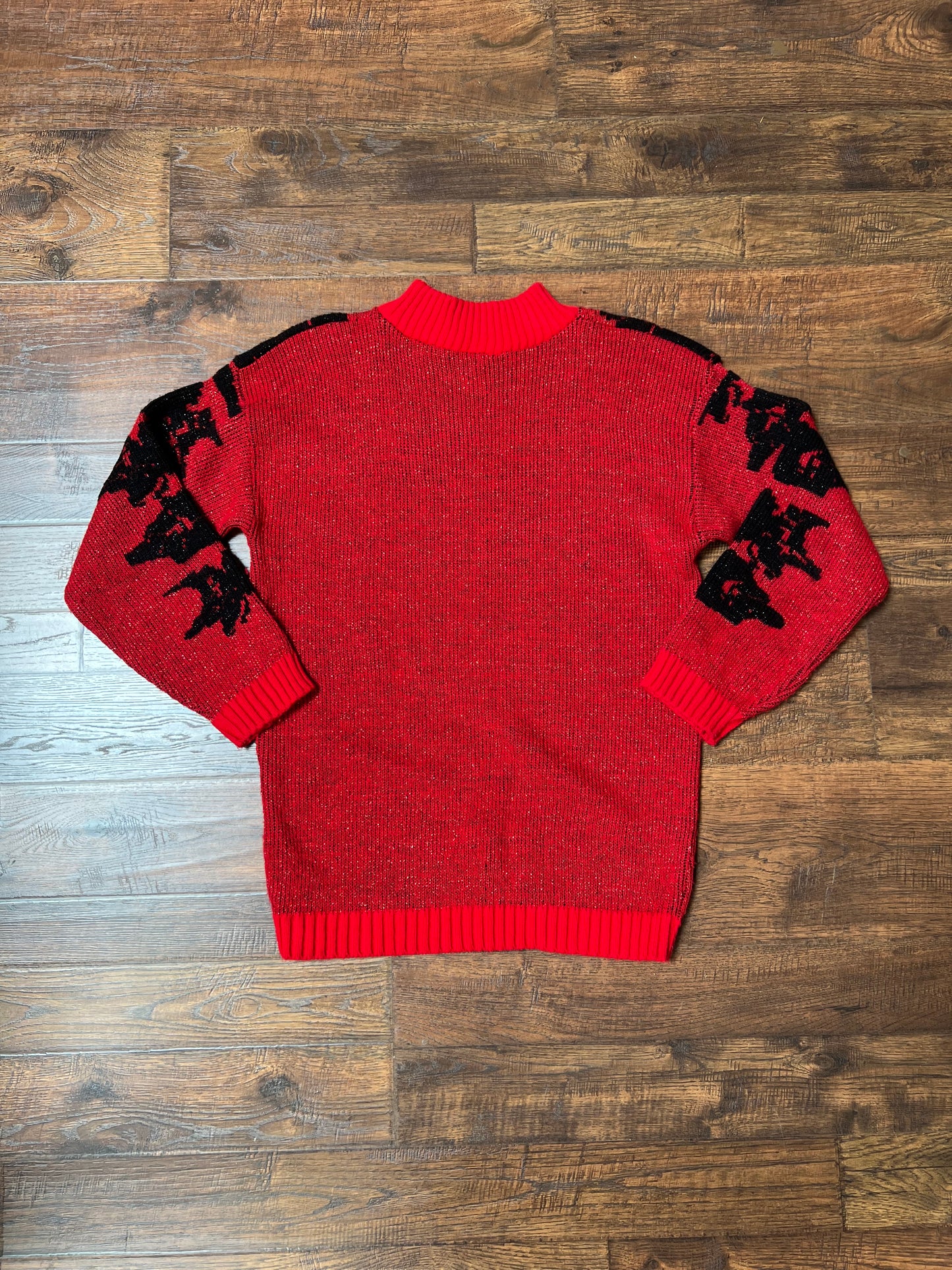 Vintage Clothing - Pullover Crewneck Knit Sweater - Black Flowers on Red Glitter - Medium
