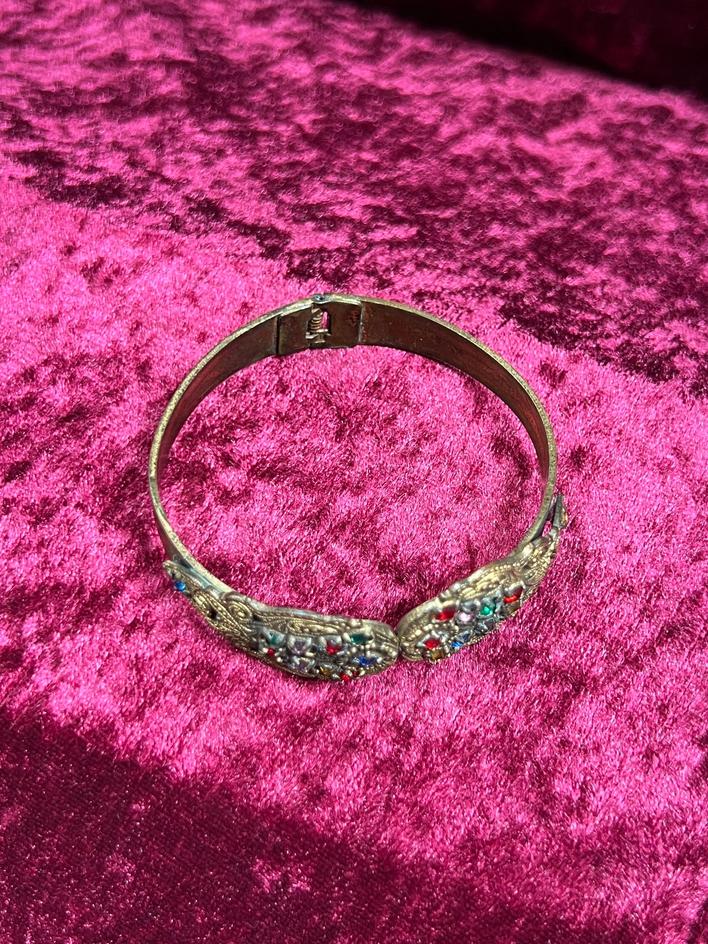 Vintage Jewelry - Hinged Bangle Bracelet - Multicolor Rhinestones in Ornate Brass Setting