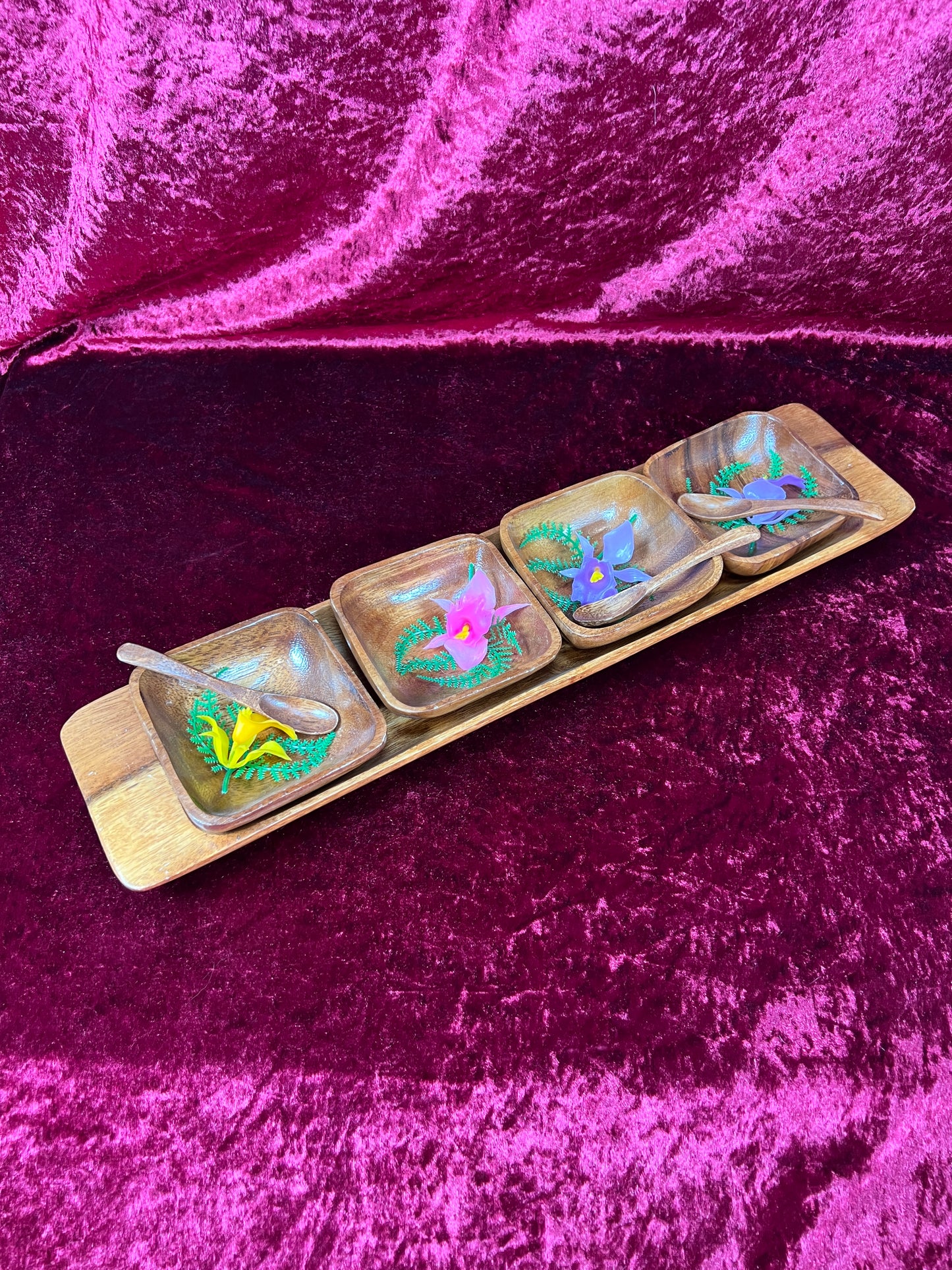 Vintage Kitchen - Tiki Teakwood Snack Tray with Sauce Bowls and Spoons