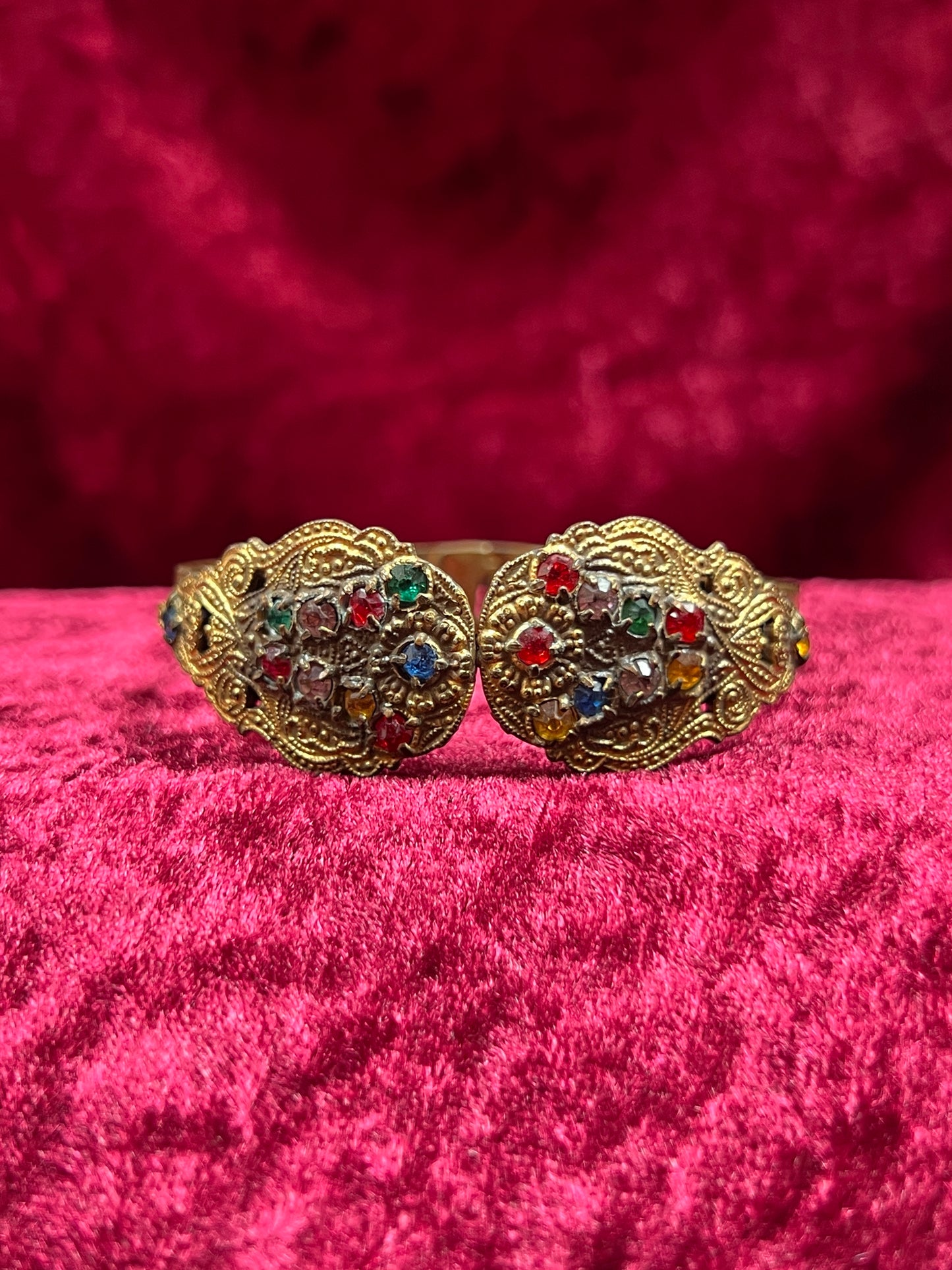 Vintage Jewelry - Hinged Bangle Bracelet - Multicolor Rhinestones in Ornate Brass Setting