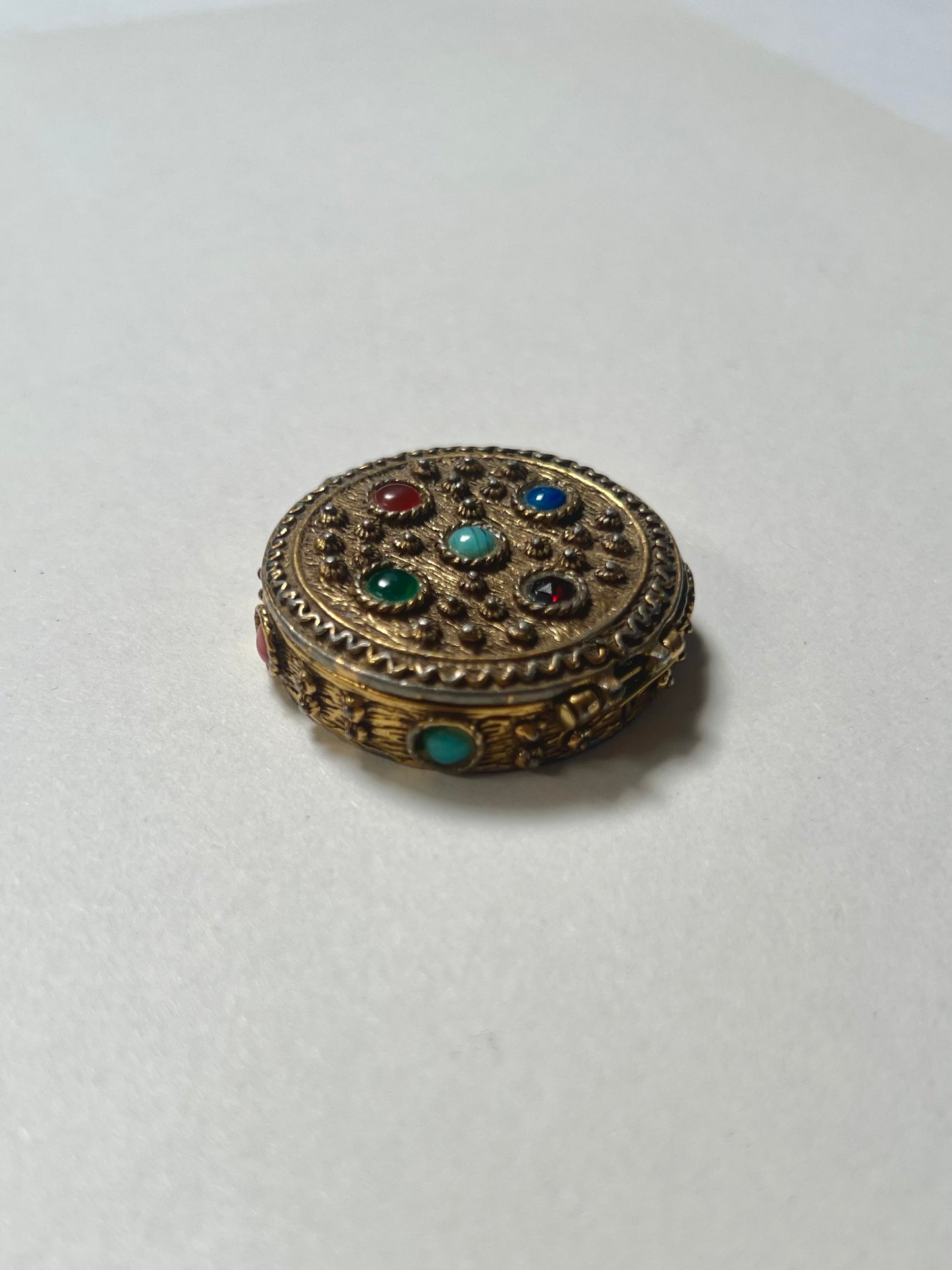 Vintage Trinket Box - Brass Pill Box - Round - Multicolor Gem Stones