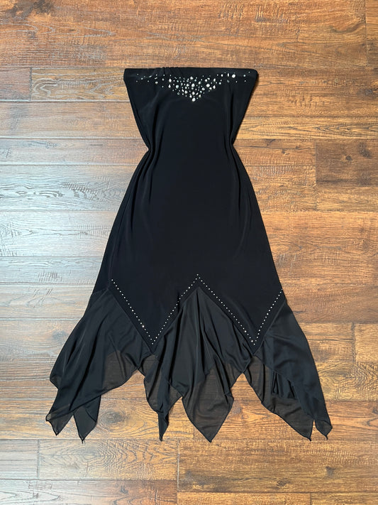 Vintage Clothing - Y2K Asymmetrical Hem Cocktail Dress - Black - Silver Embellishments - Medium - B Sharp