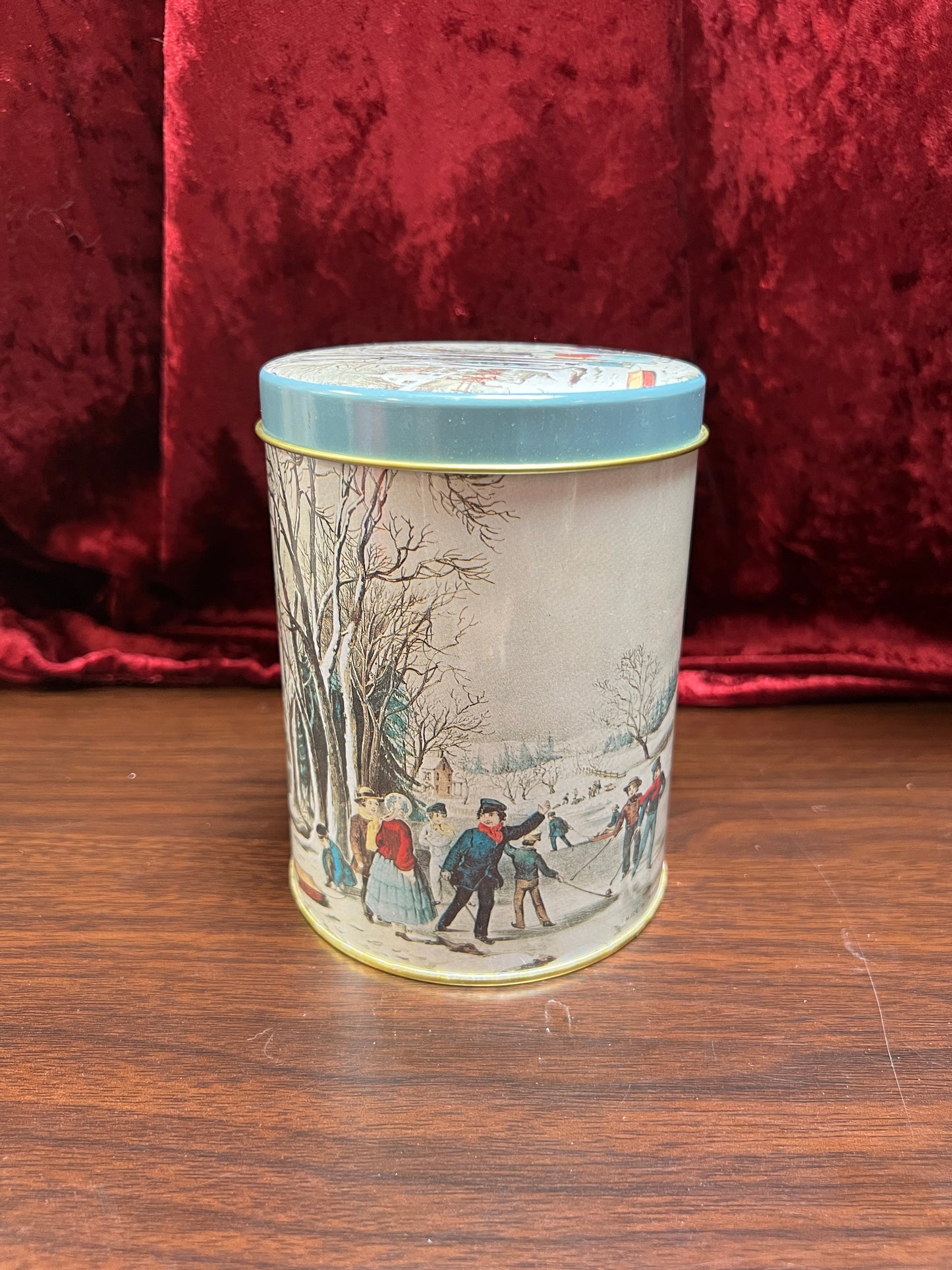 Vintage Christmas - Metal Nesting Tin Canister Set - Old New England Winter Scene - Made In Taiwan R.O.C.