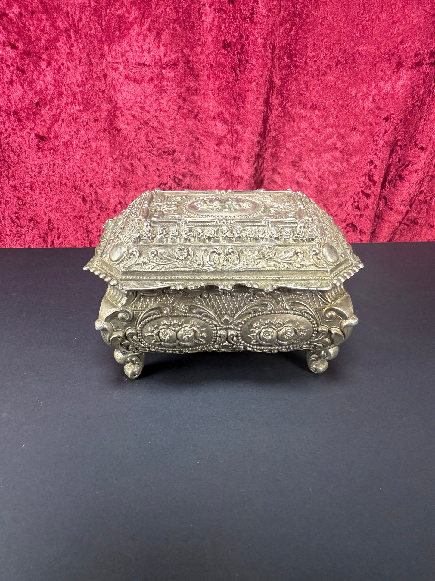 Vintage Vanity - Jewelry Box - Ornate Silver Floral Filigree - Red Velvet Lining - Footed
