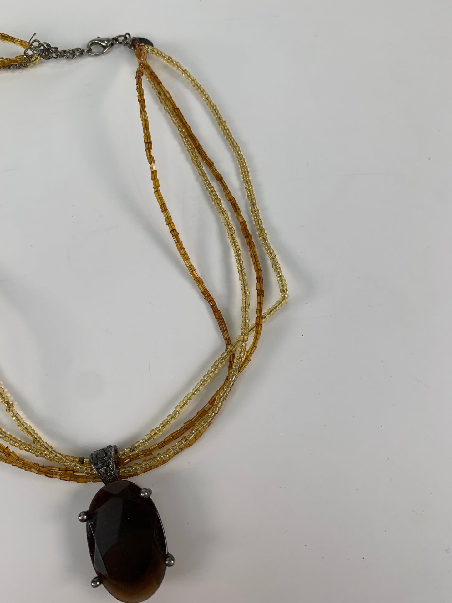 Vintage Jewelry - Five Strand Beaded Pendant Necklace - Faux Amber Rhinestone - Premier Design