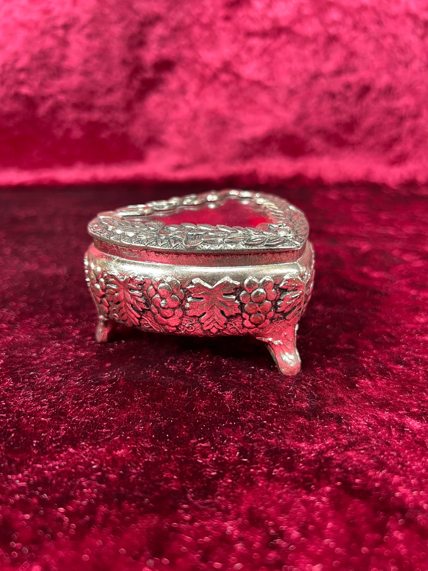 Vintage Vanity - Heart Shaped Jewelry Box - Ornate Silver Grapevine Filigree - Red Velvet Lining - Footed